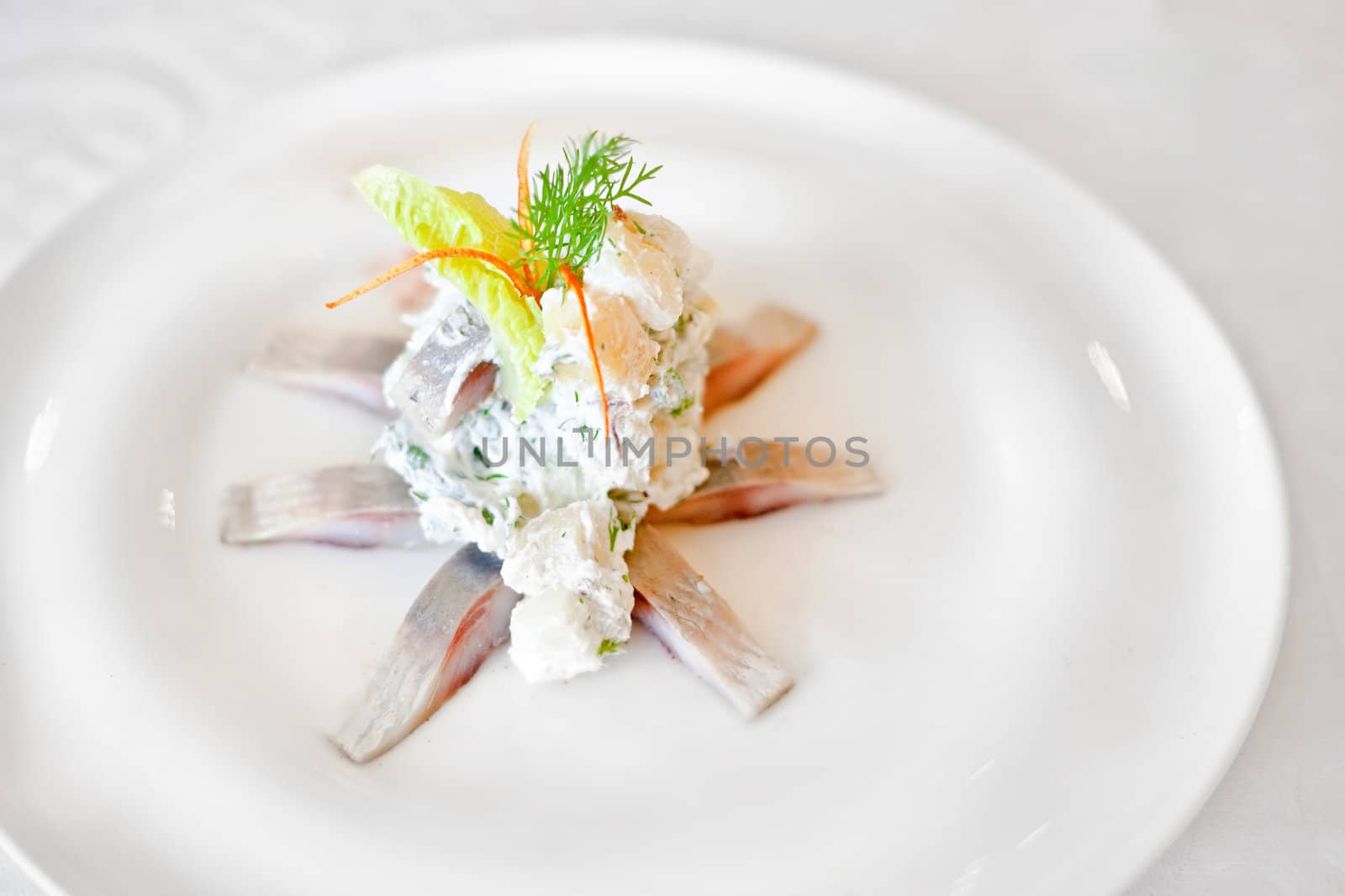 Marinated herring fillets  on a white plate