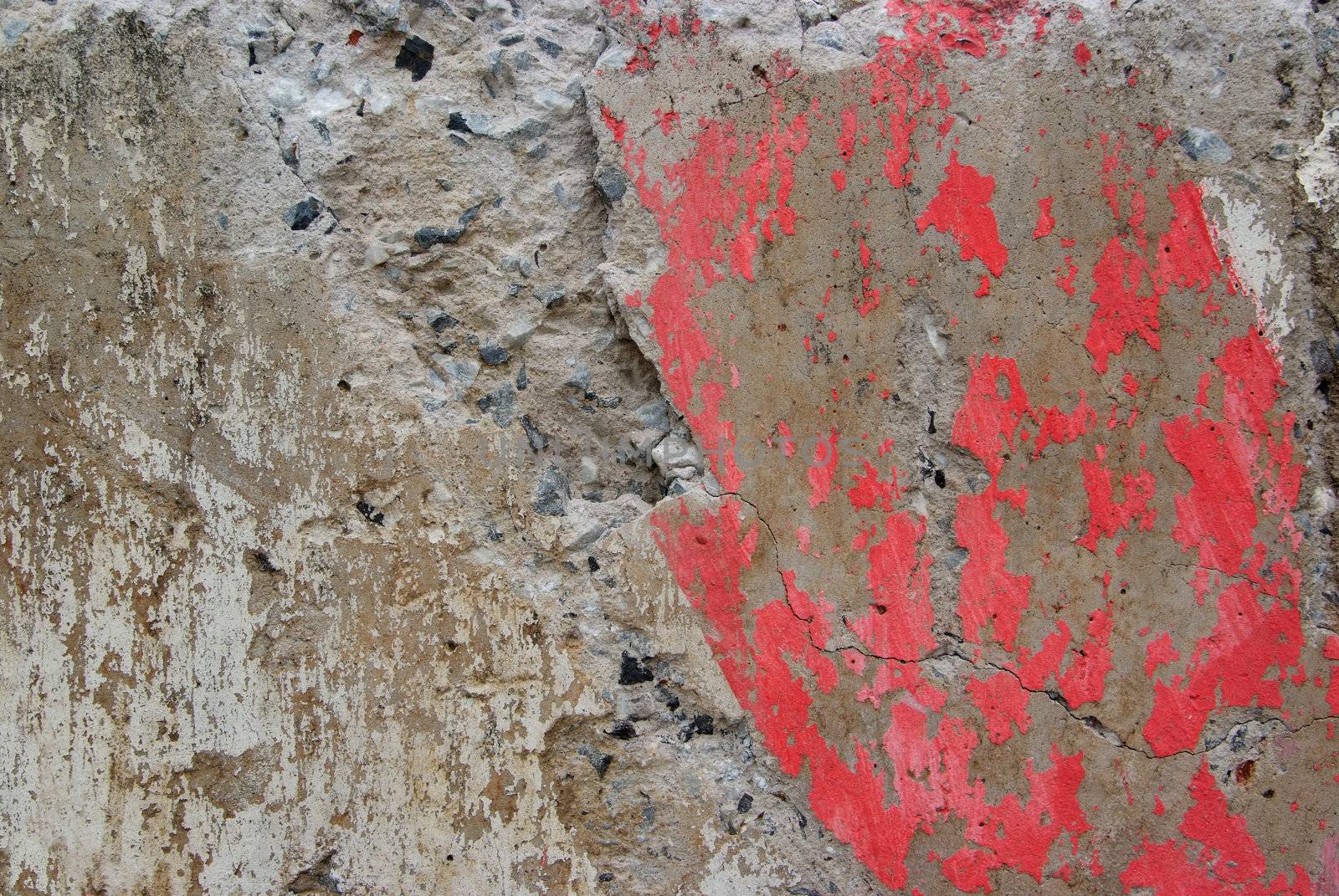 Texture of old weathered concrete wall with rusty warning stripes