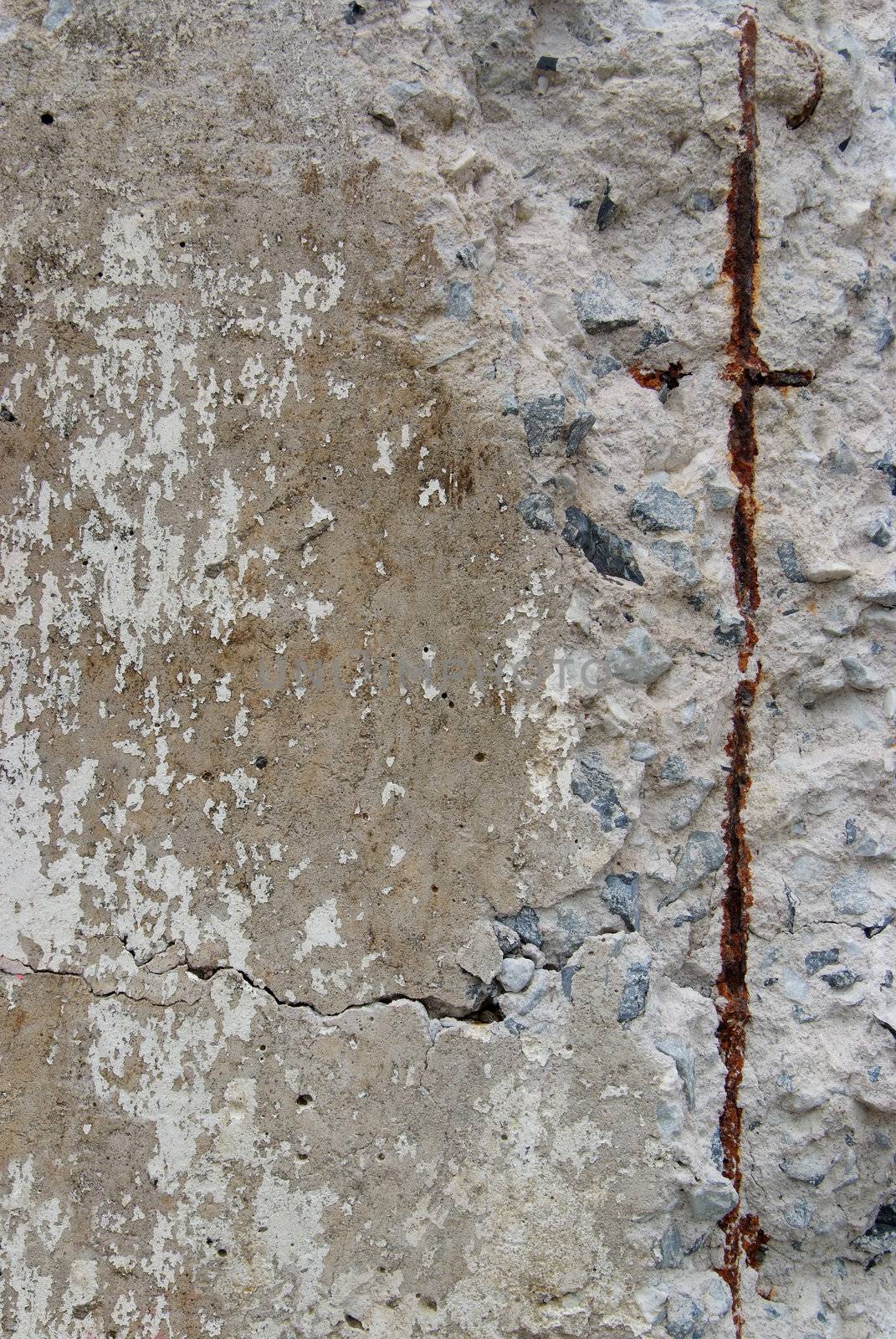 Texture of old weathered concrete wall with rusty warning stripes