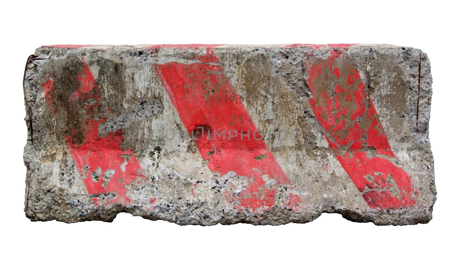 Red and white concrete barriers blocking the road. by opasstudio