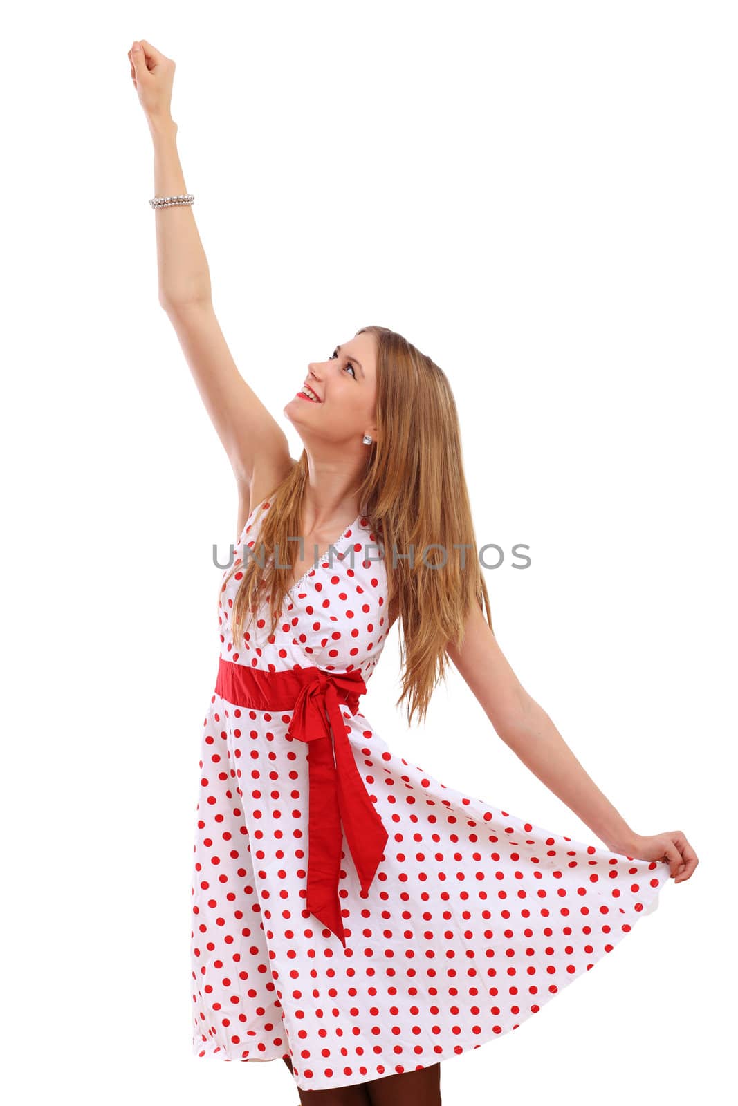 Beautiful young blond woman in red dress