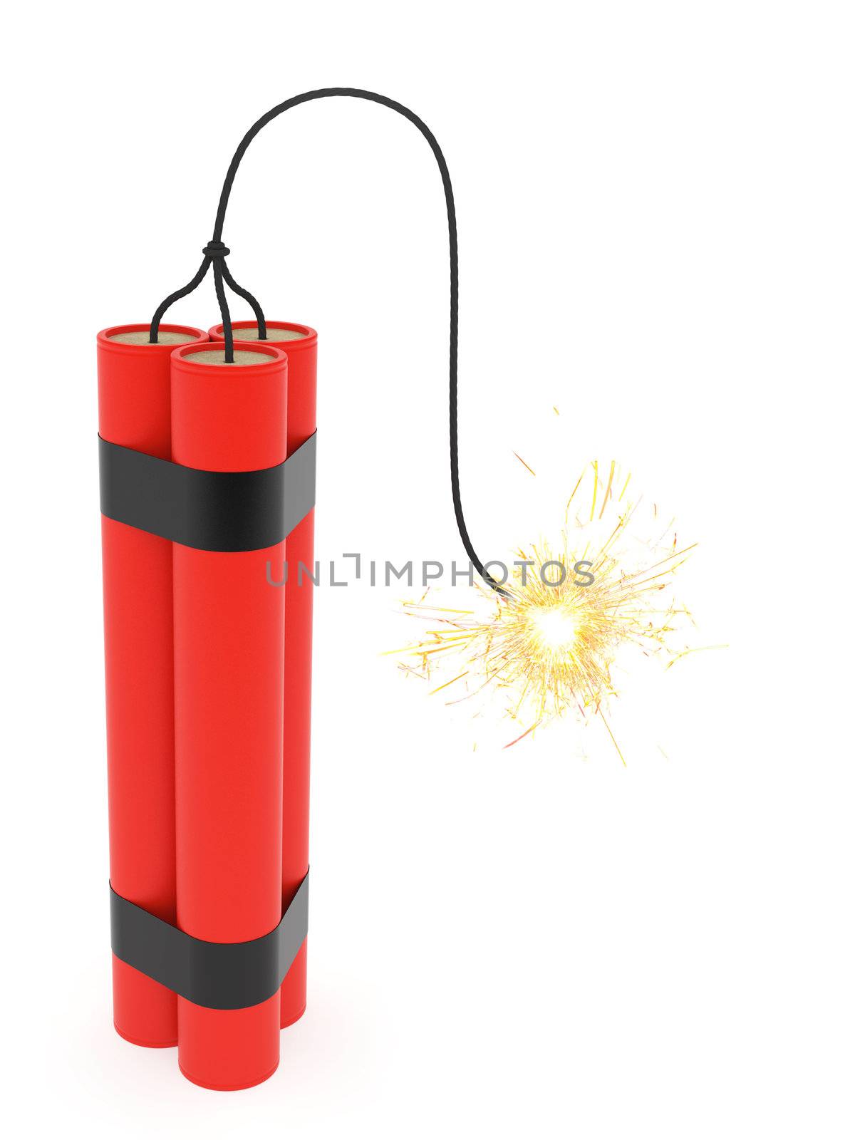 Triple dynamite with burning wick on white background. High resolution 3D image