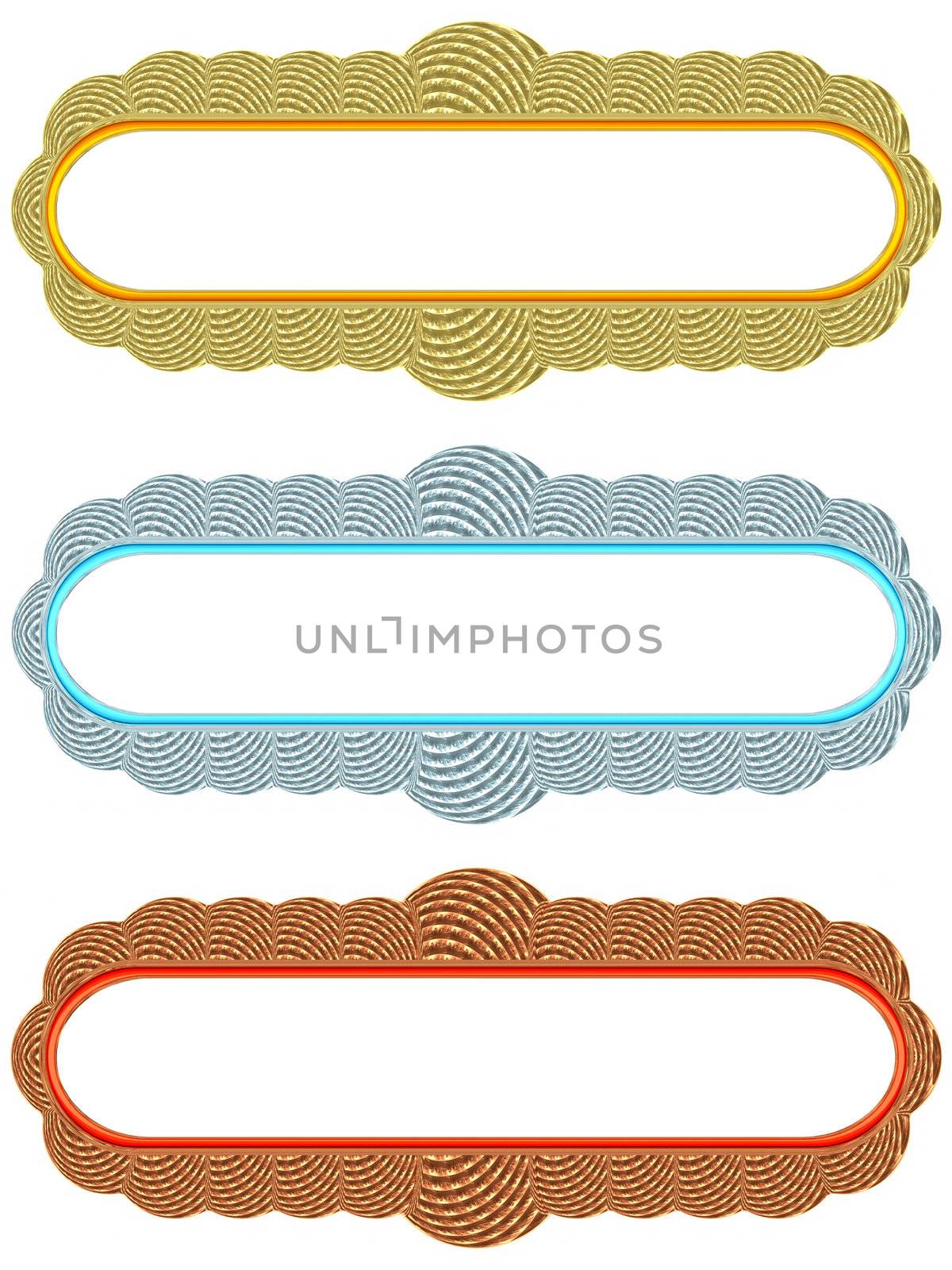Set of gold, silver and bronze blank globular frames on white background. High resolution 3D image