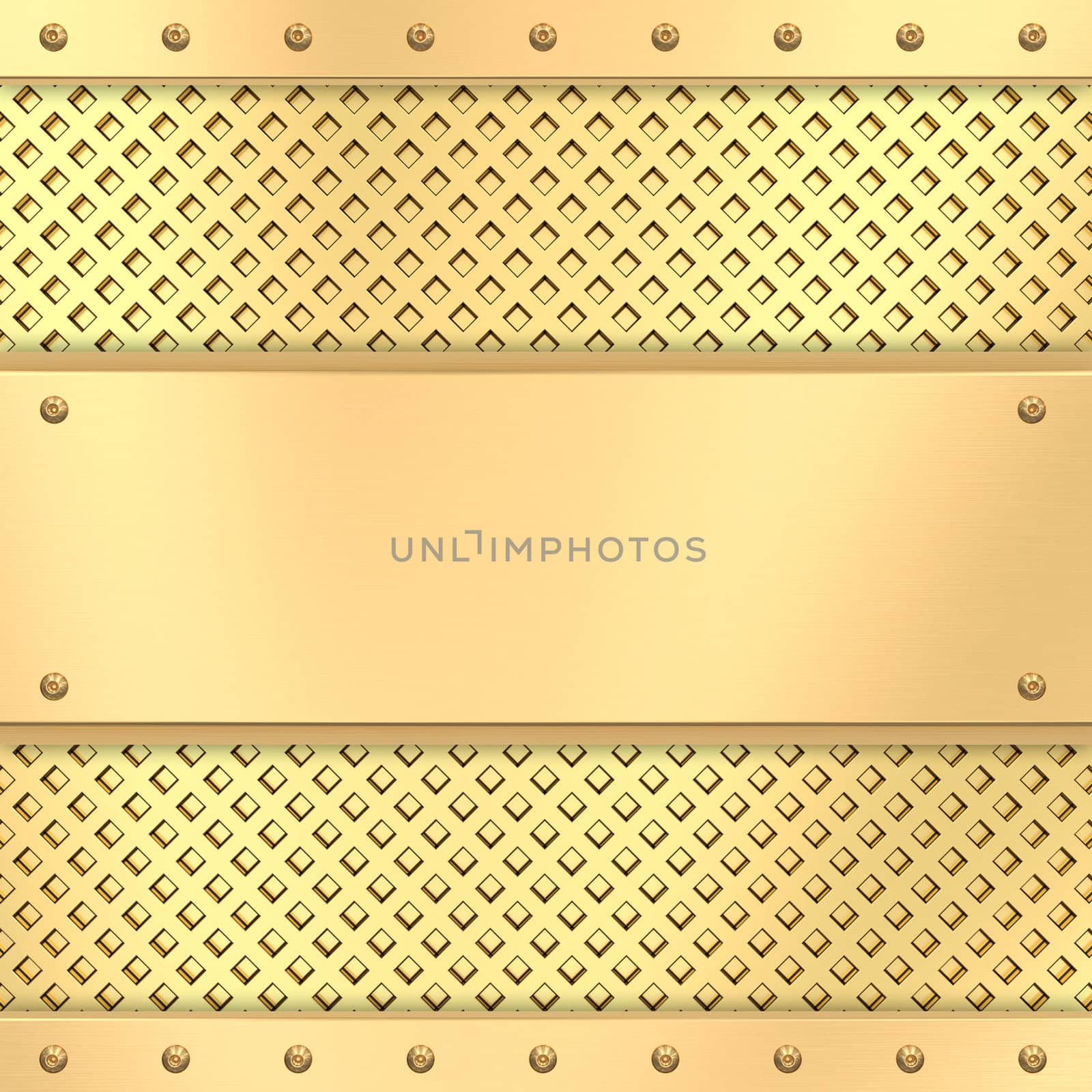 Blank golden plate on grid background with rivets. High resolution 3D image
