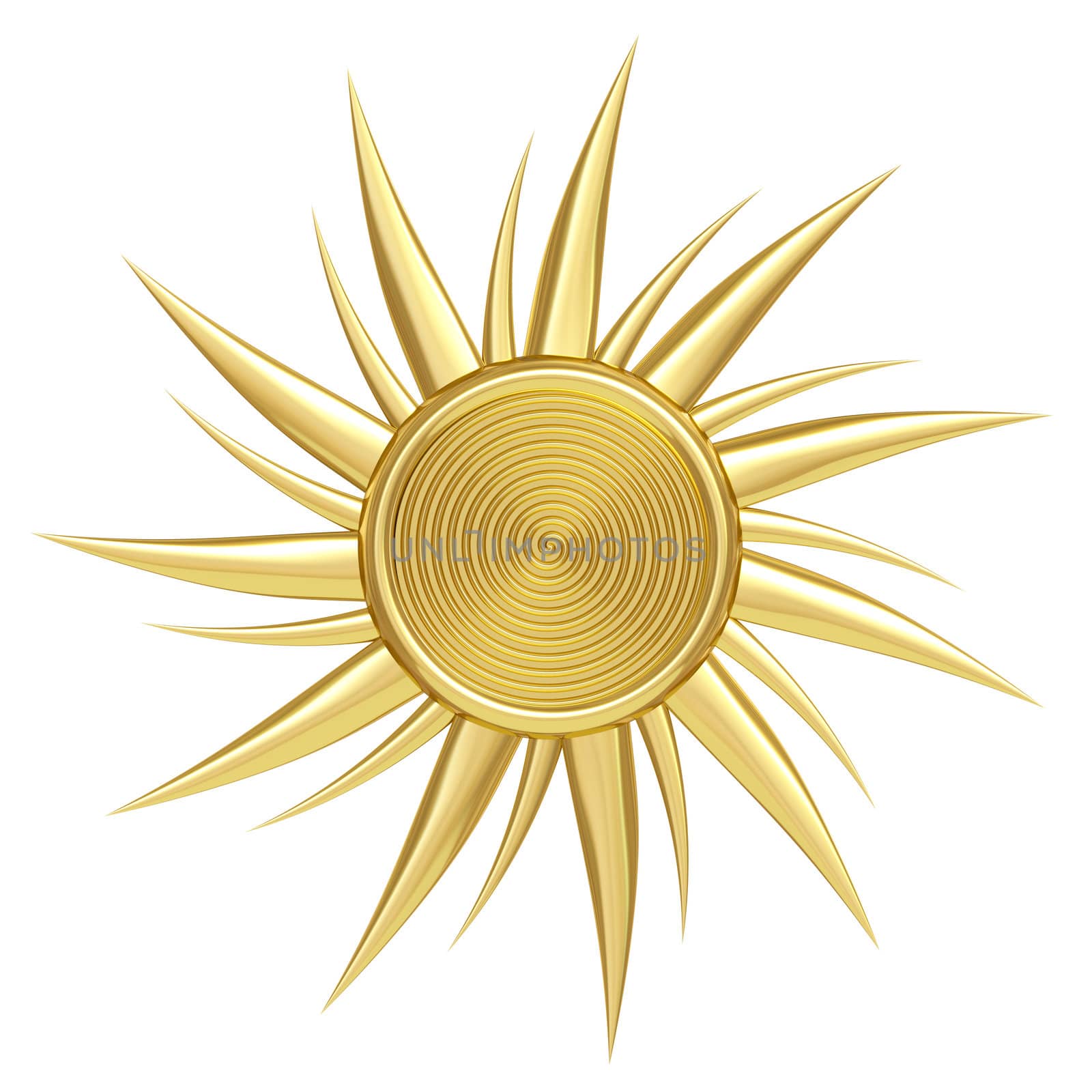 Golden sun symbol isolated on white background. High resolution 3D image