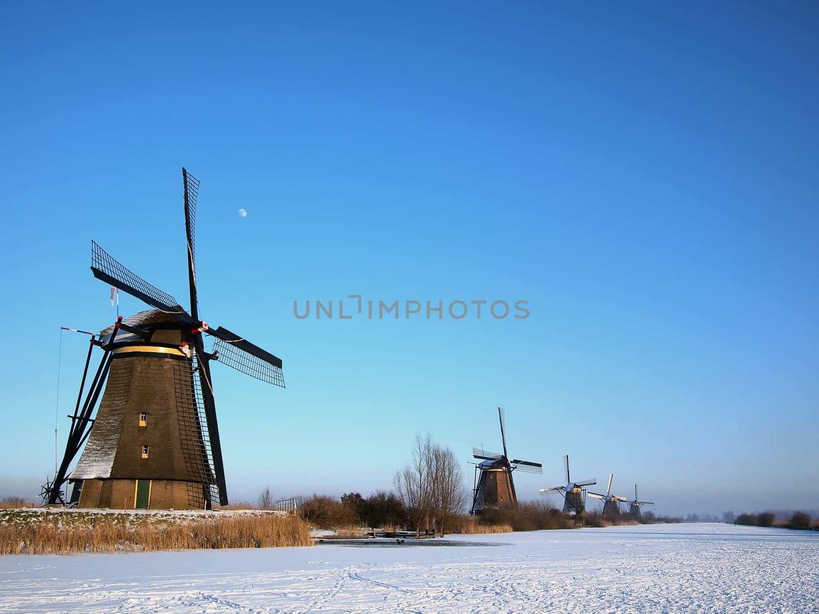 The famous windmills at the Unesco World Heritage Site Kinderdijk in the Netherlands along a frozen canal in winter.