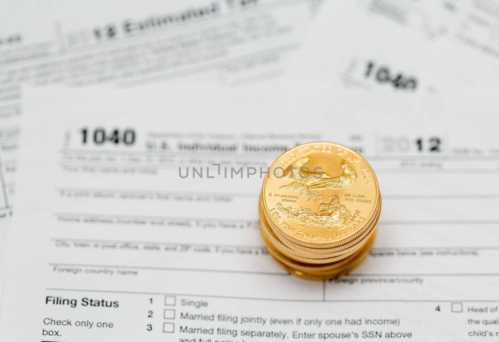 Tax form 1040 for tax year 2012 for US individual tax return with gold coins