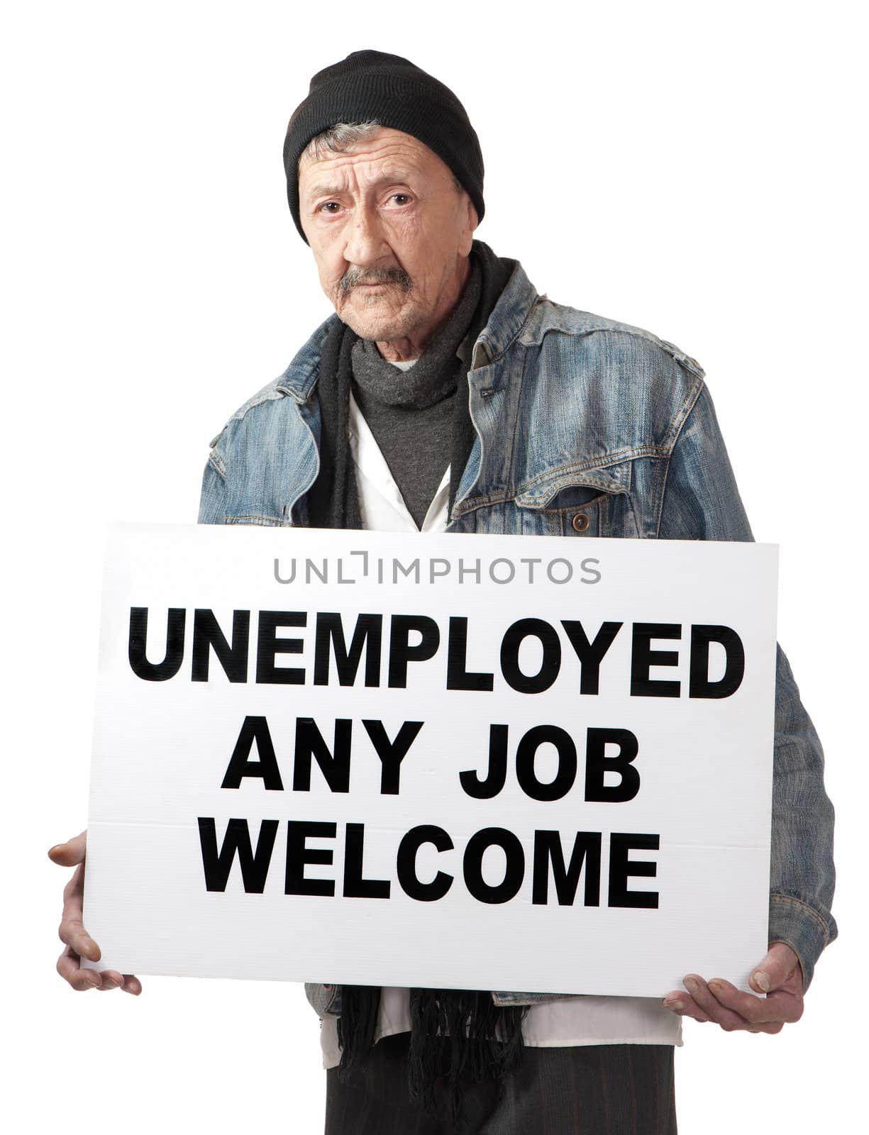 An unemployed senior man advertises himself in an attempt to become employed.