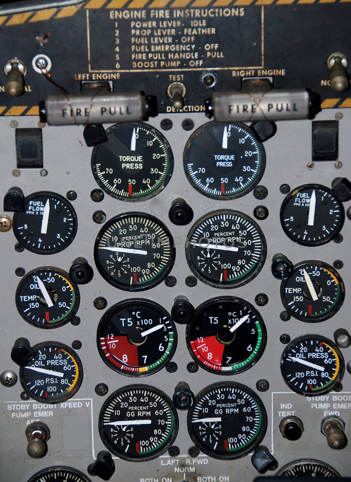 Detail of a small airplane cockpit with various indicators and buttons