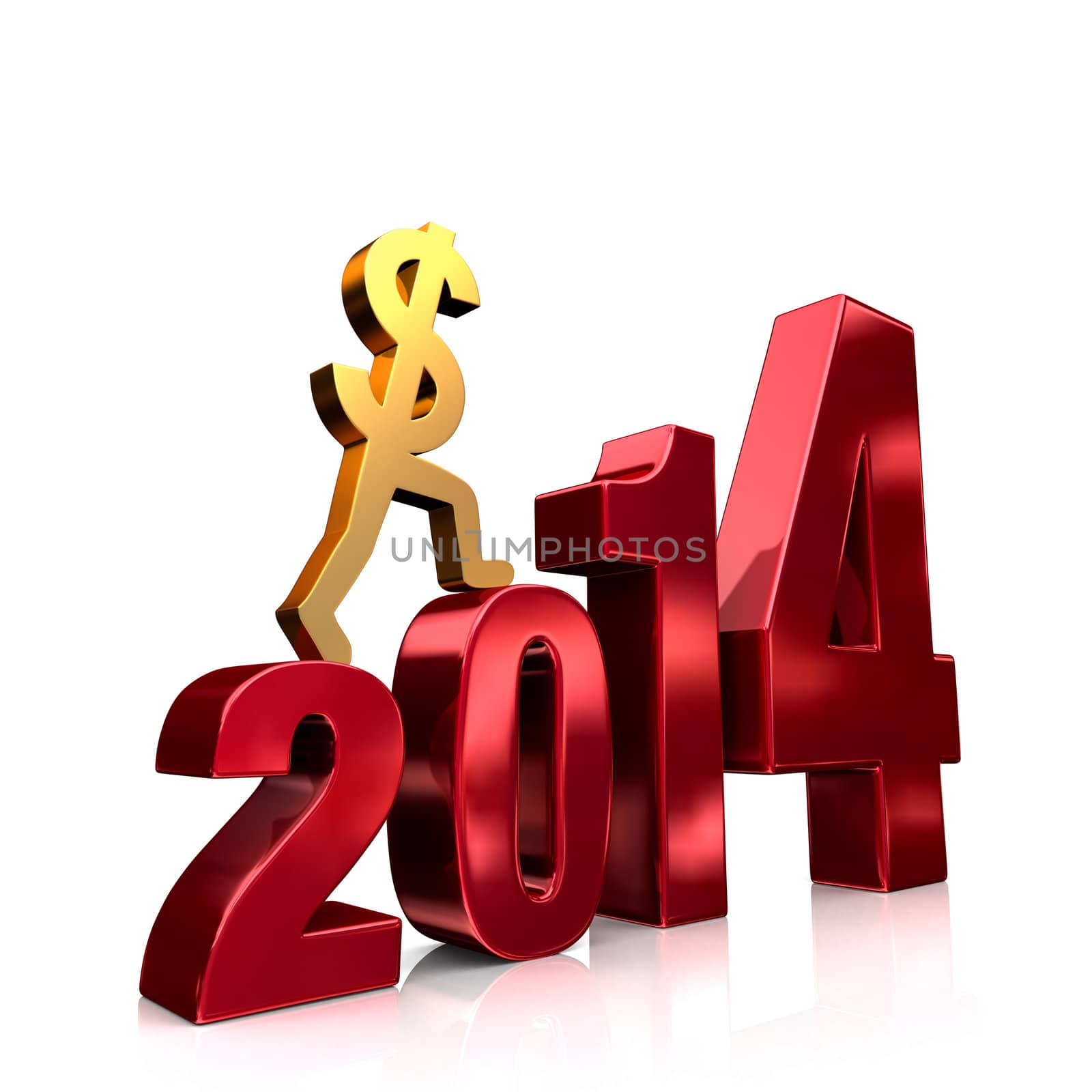 A gold dollar sign climbing shiny, red steps forming the year, "2014". On white with drop shadow.