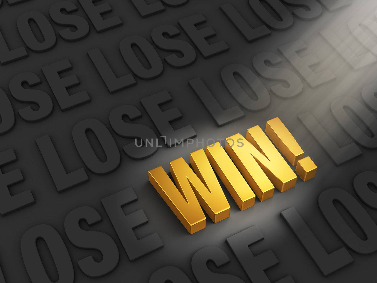 A spotlight illuminates a bright, gold "WIN" on a dark background with rows of word "LOSE"