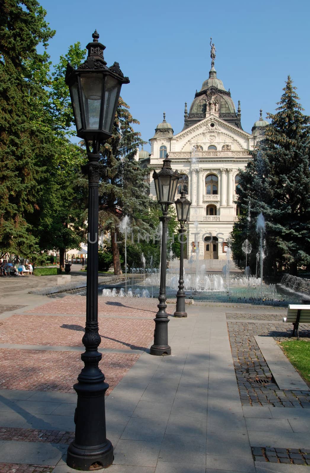 City Hall of slovakian city Kosice with fountains and lantern in front of it