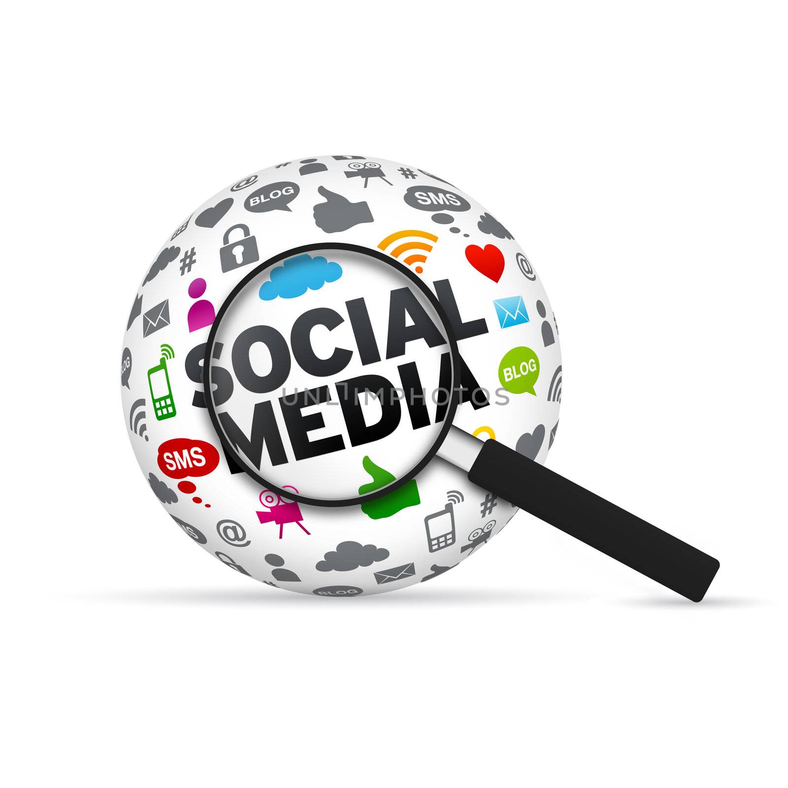 Social Media 3d Word Sphere with magnifying glass on white background.