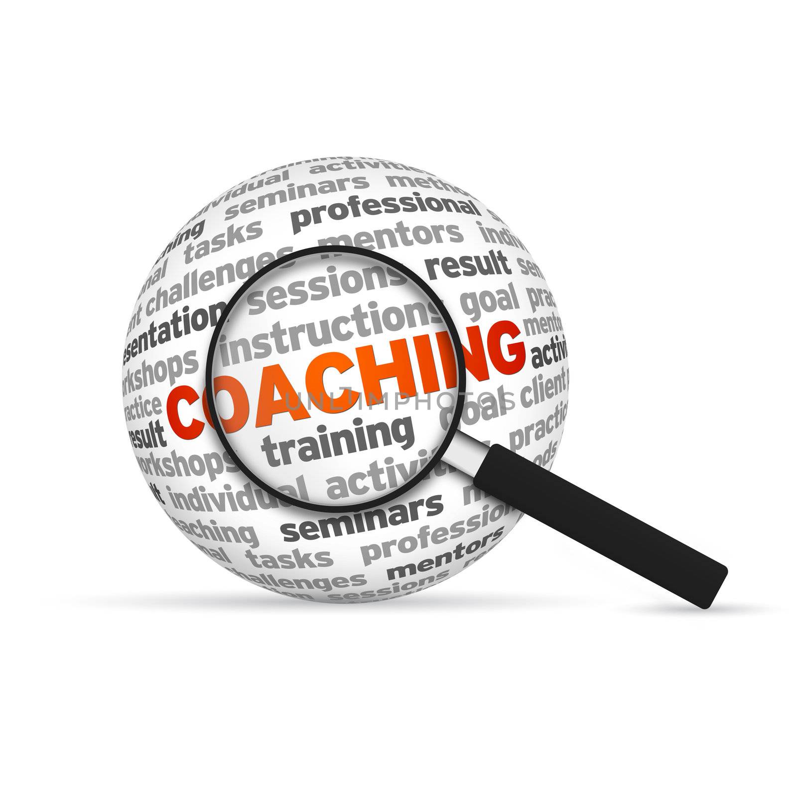 Coaching 3d Word Sphere with magnifying glass on white background.