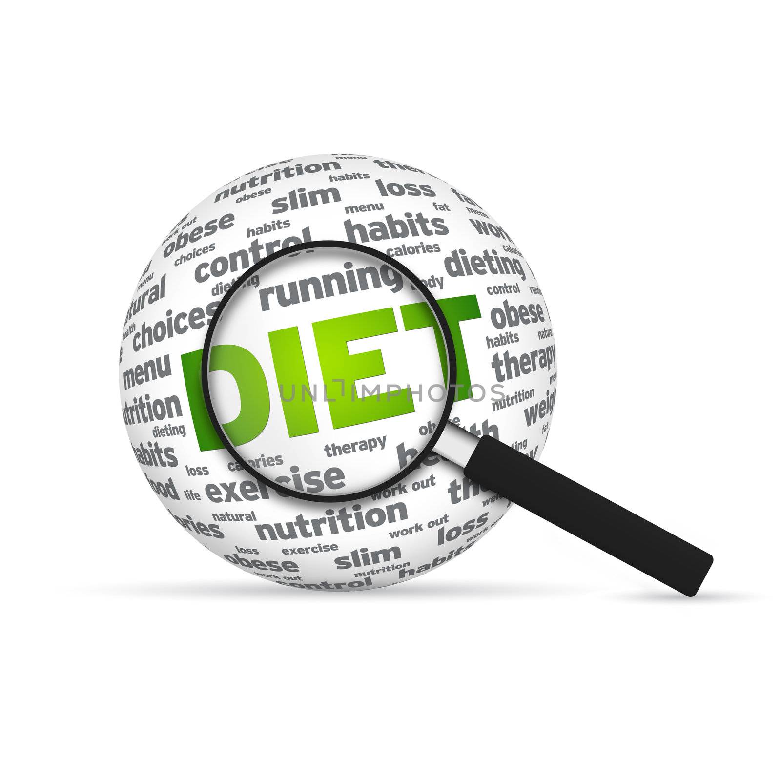 Diet 3d Word Sphere with magnifying glass on white background.