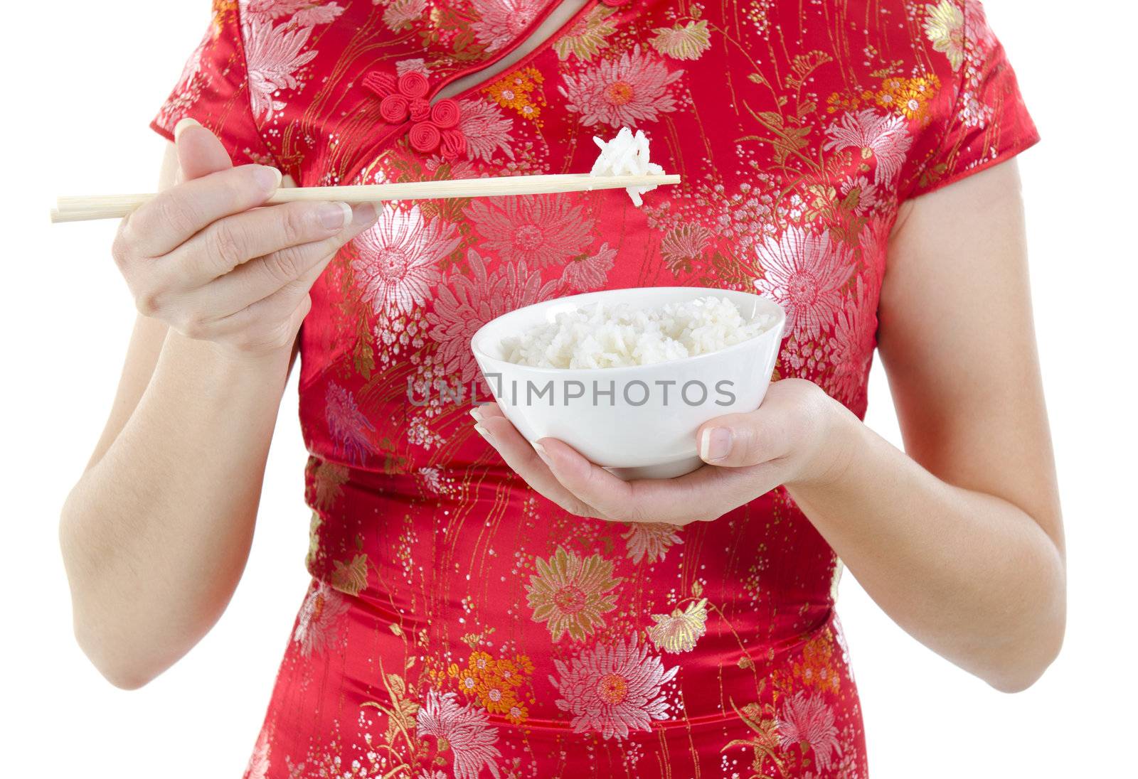 Asian oriental woman holding chopsticks and rice bowl, isolated on white background