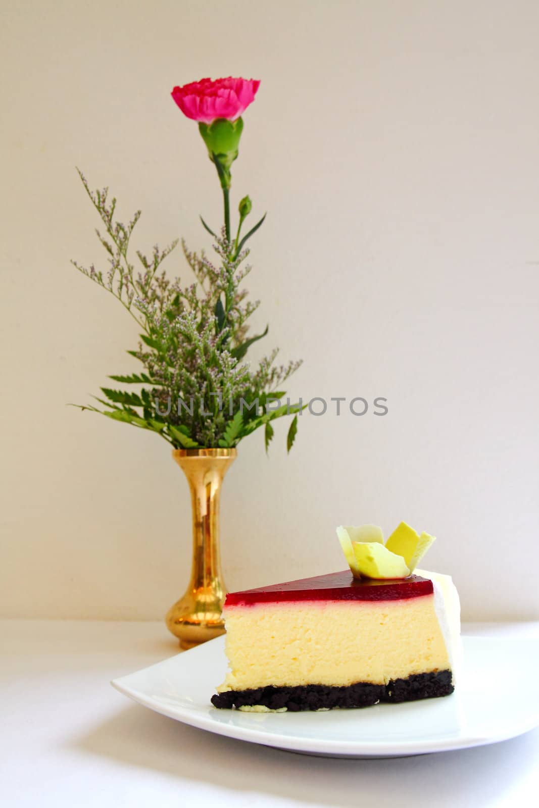 sweet cake with strawberry on a plate with flower by nuchylee
