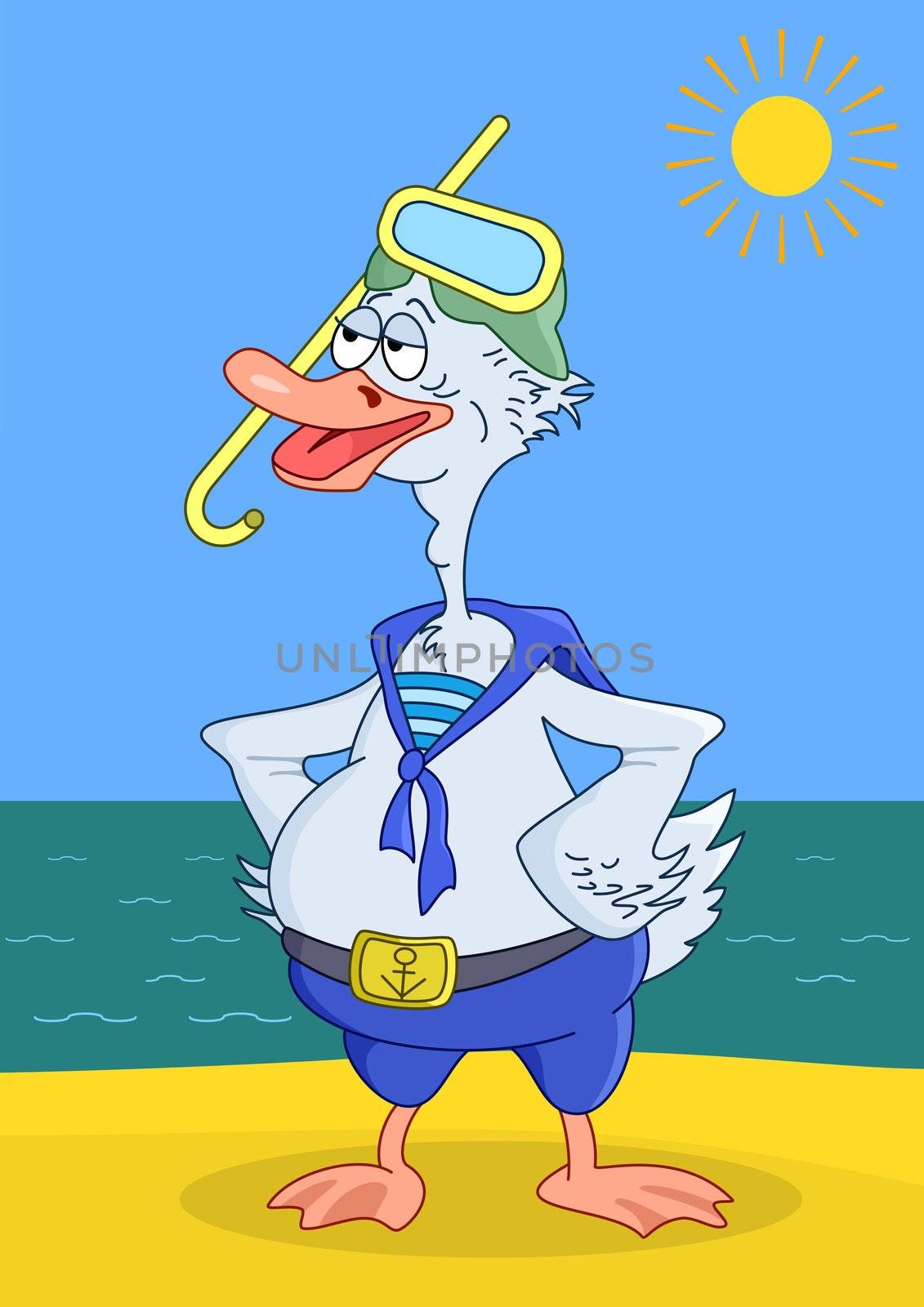 Cartoon: goose diver in the sea form and a mask for a scuba diving standing on the beach and wants to swim