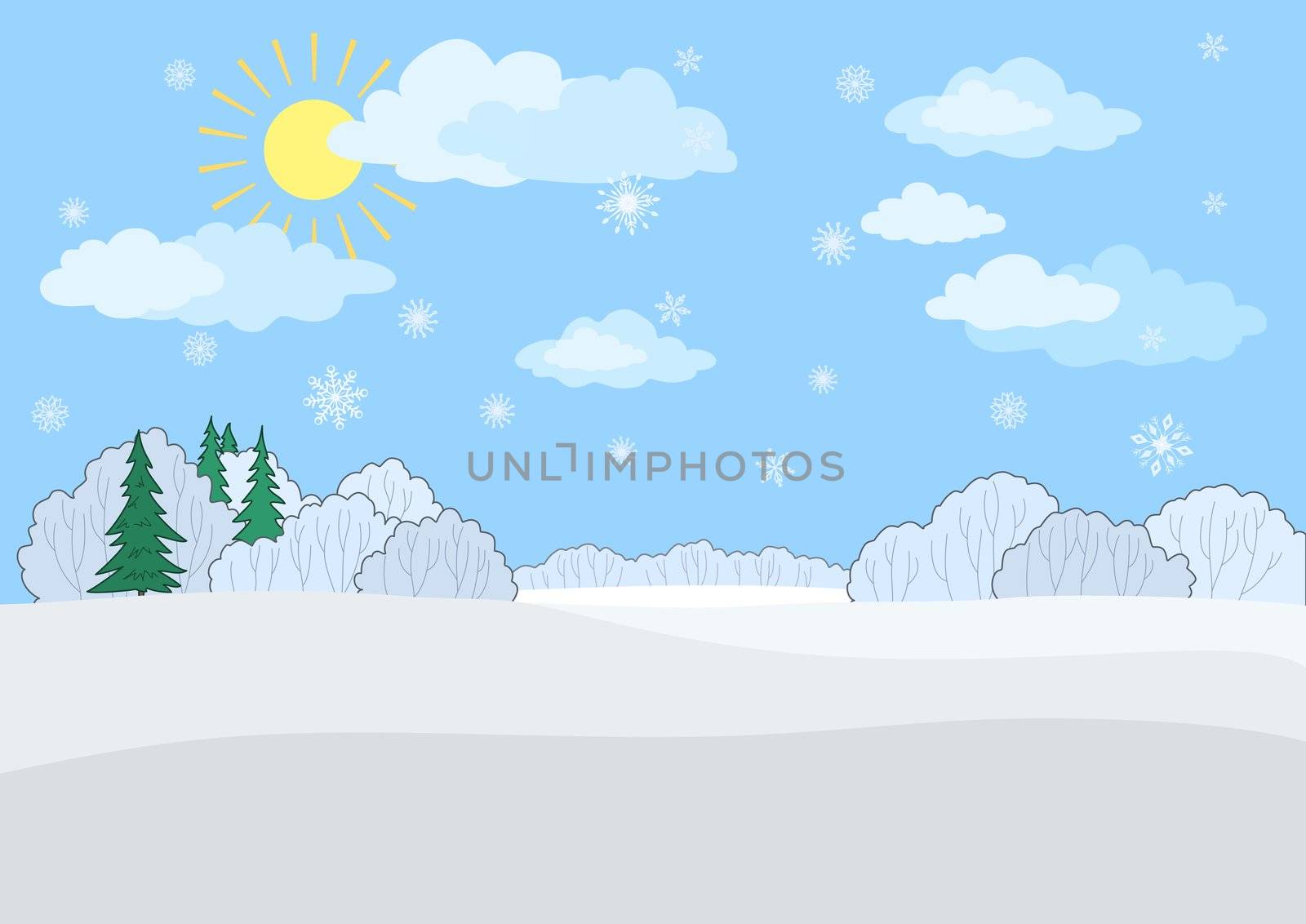 Christmas winter landscape: a blue sky with the sun and snowflakes, snow-covered forest