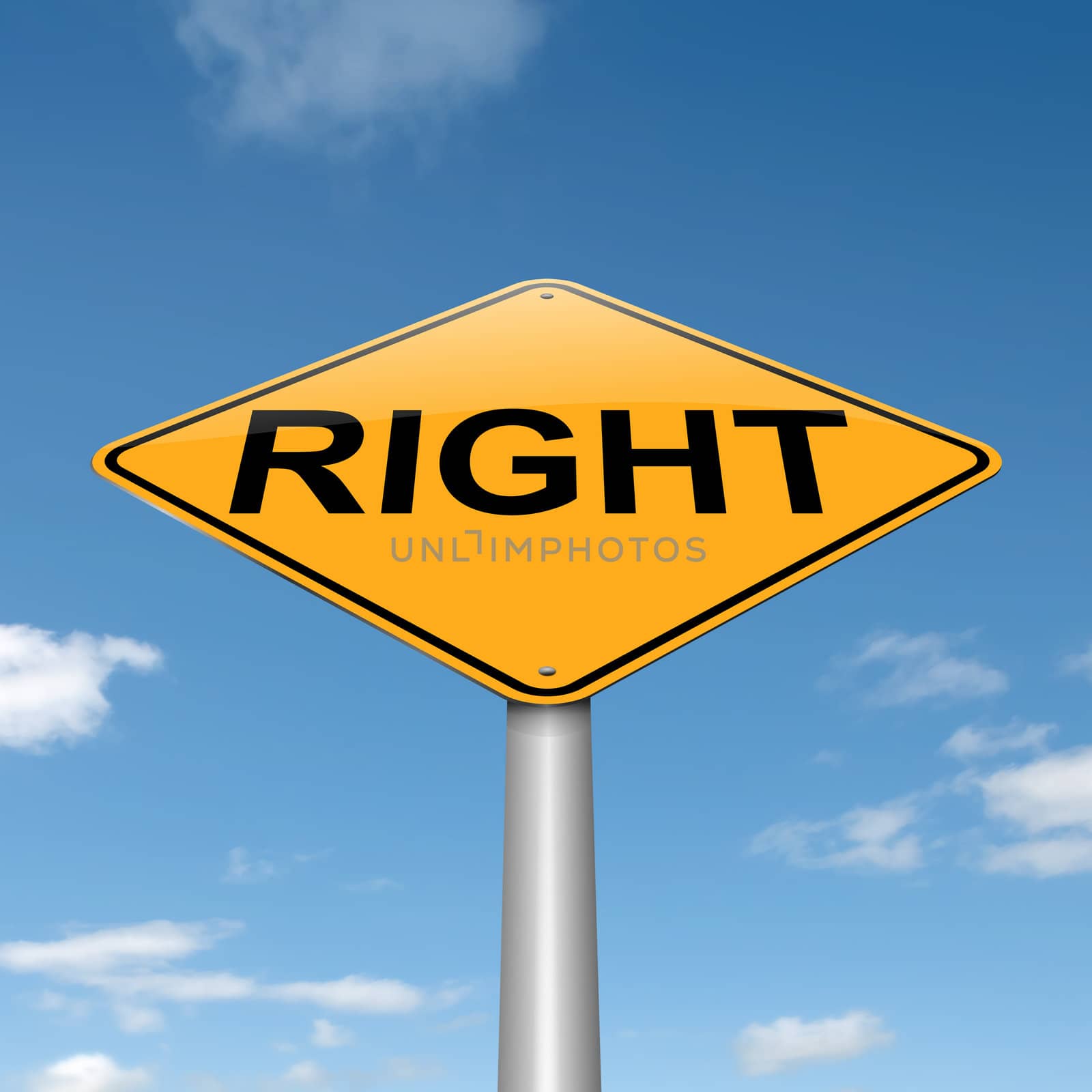 Illustration depicting a roadsign with a right concept. Blue sky background.