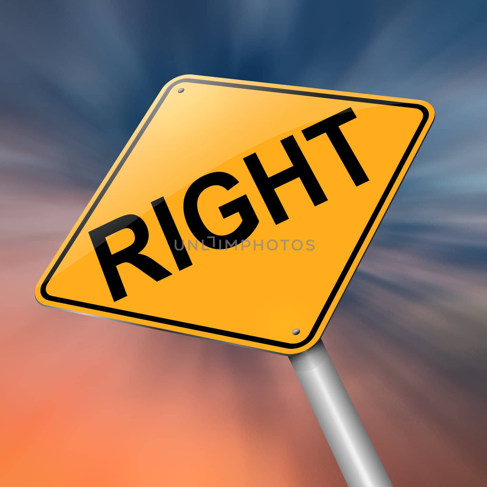 Illustration depicting a roadsign with a right concept. Abstract background.