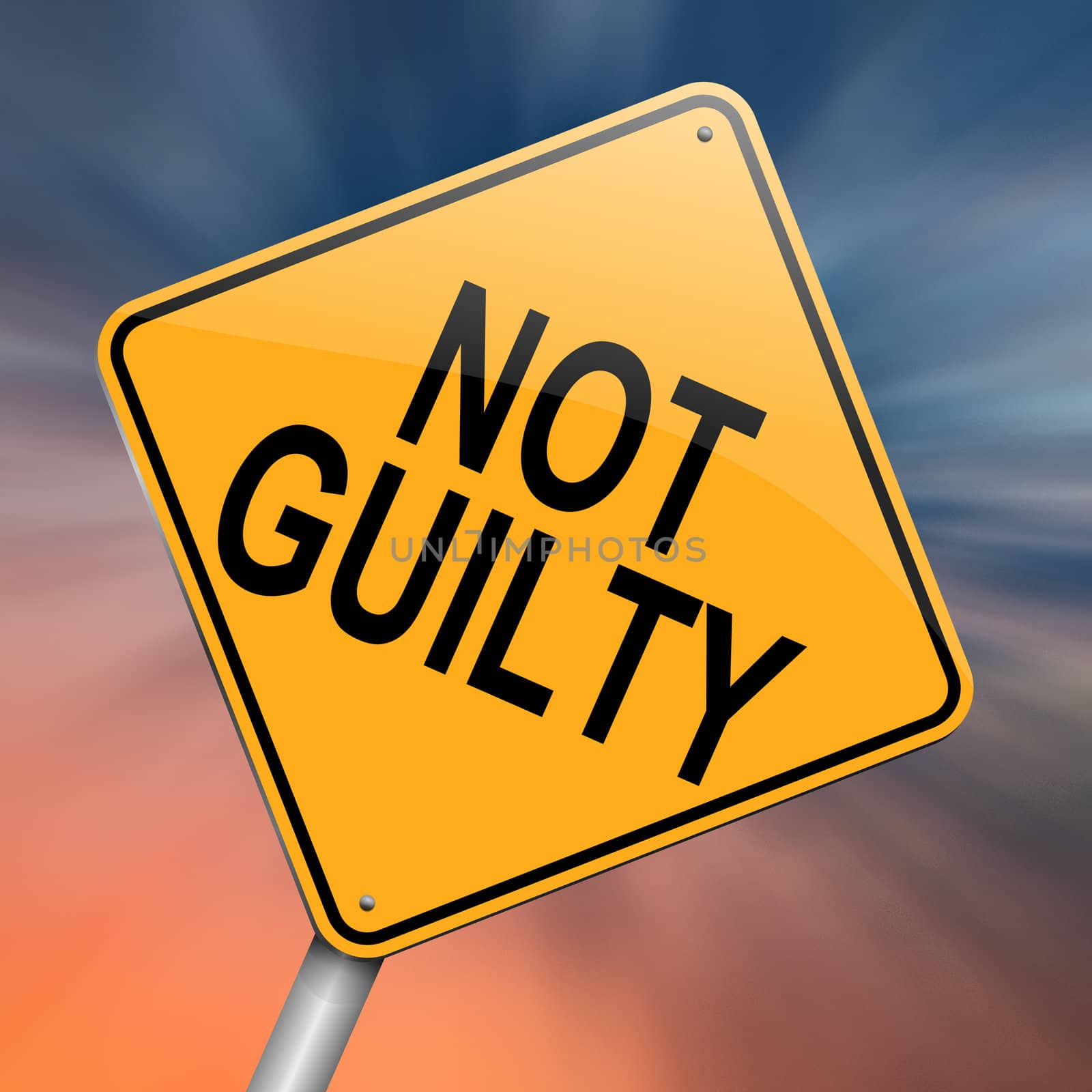 Illustration depicting a roadsign with a not guilty concept. Abstract background.