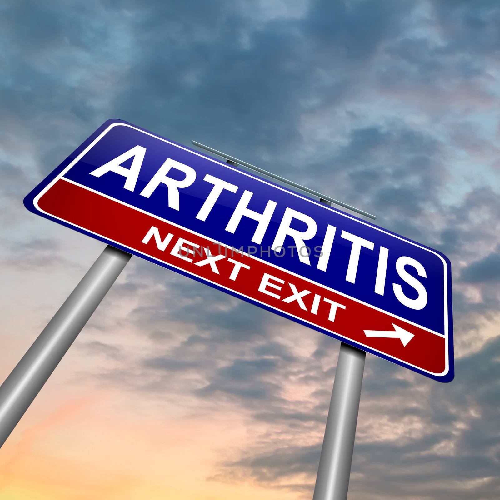 Illustration depicting a roadsign with an arthritis concept. Dusk sky background.