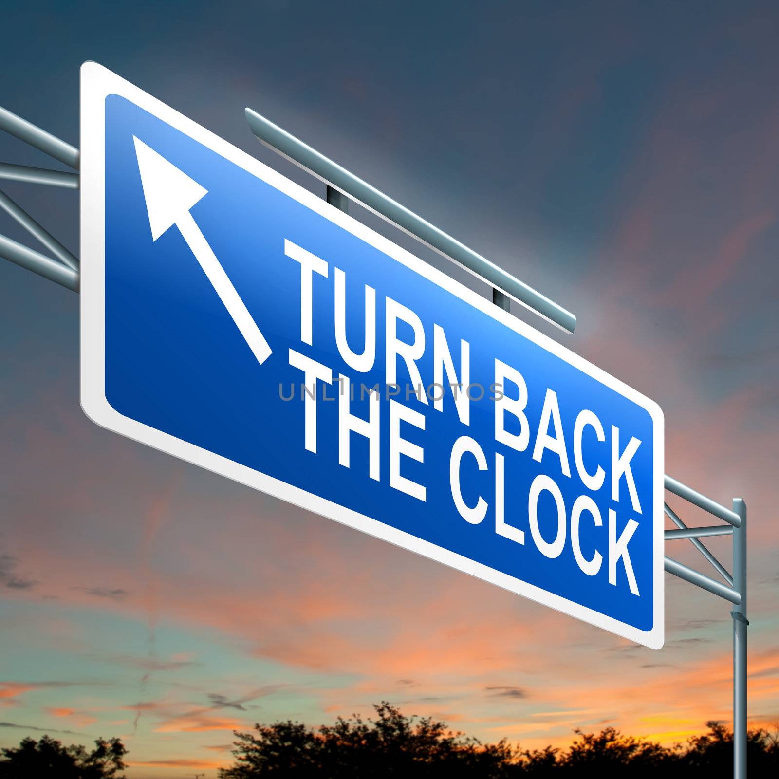 Illustration depicting an illuminated roadsign with a turn back the clock concept. Dark sunset sky background.