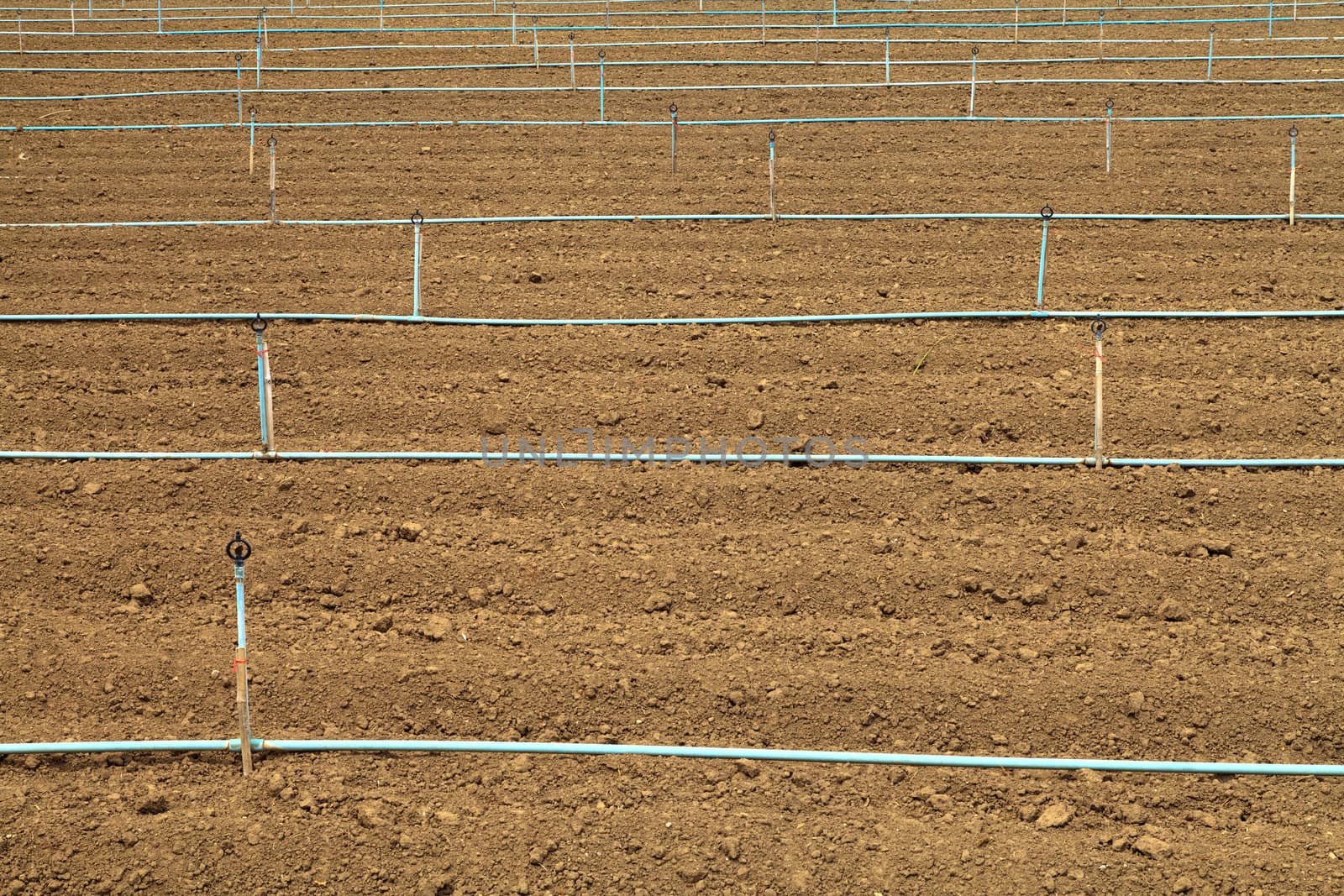 Plow land and irrigation system ready for agricultural