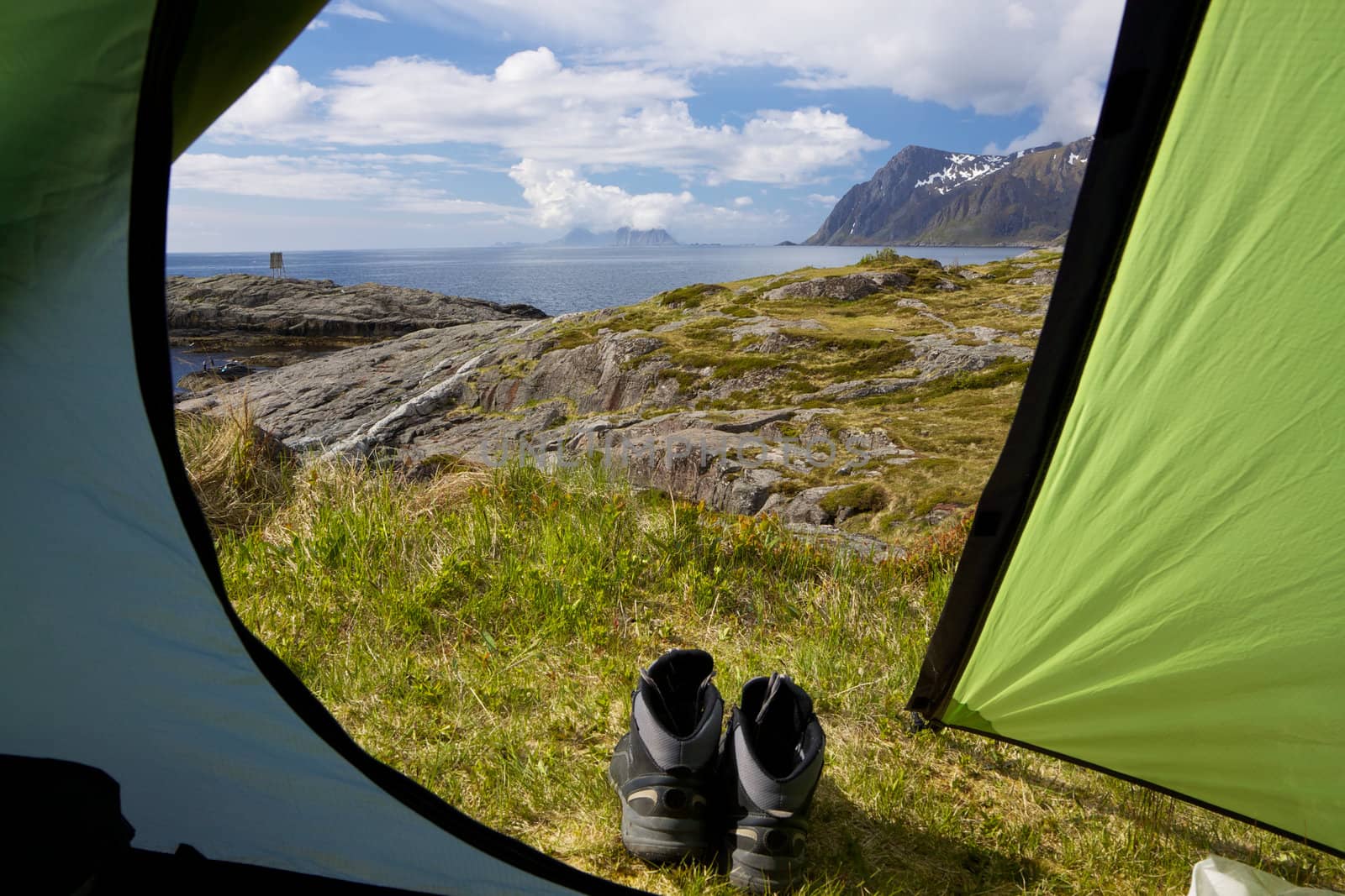 Picturesque wild-camping spot on Lofoten islands in Norway