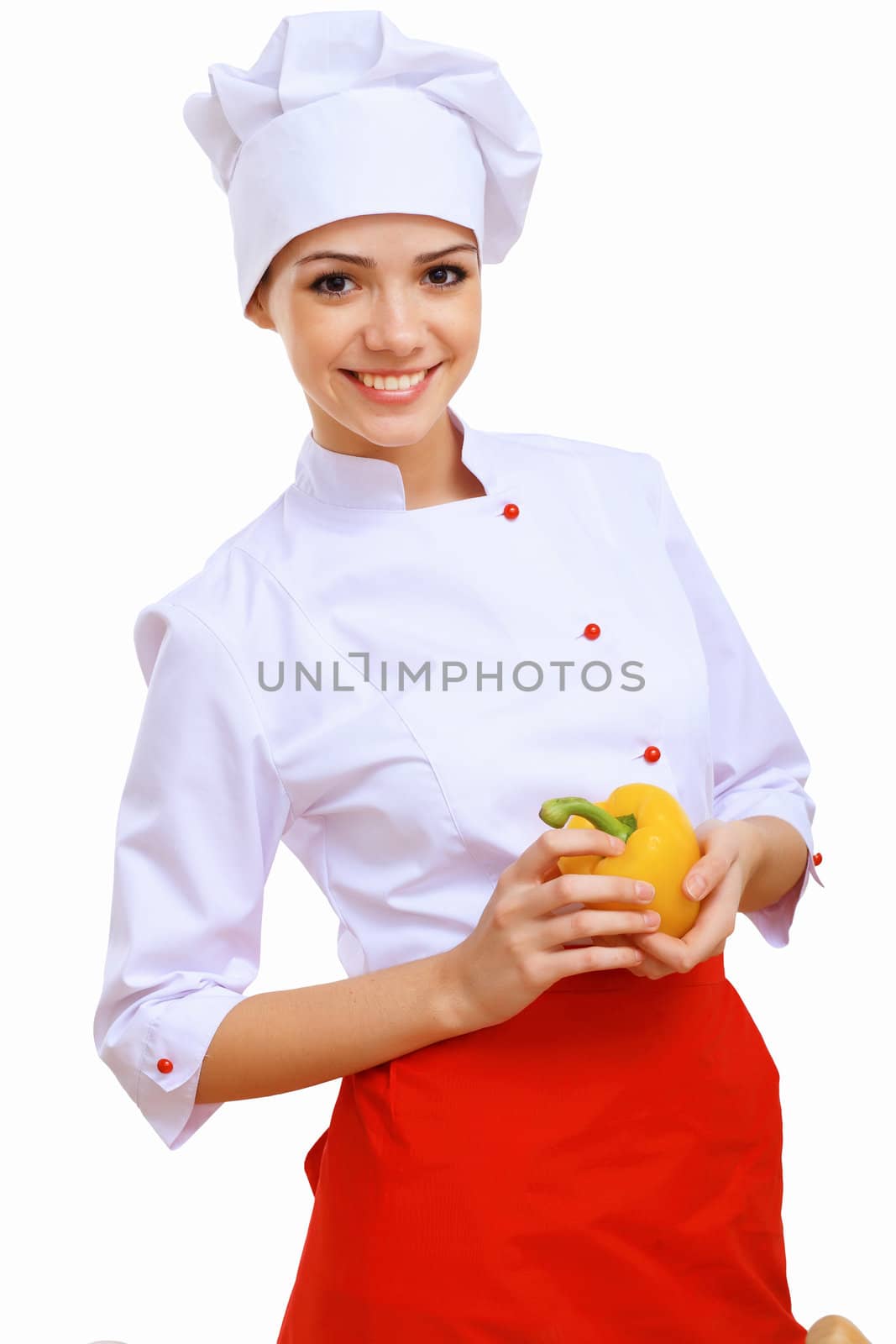 Young cook preparing food wearing apron on white background