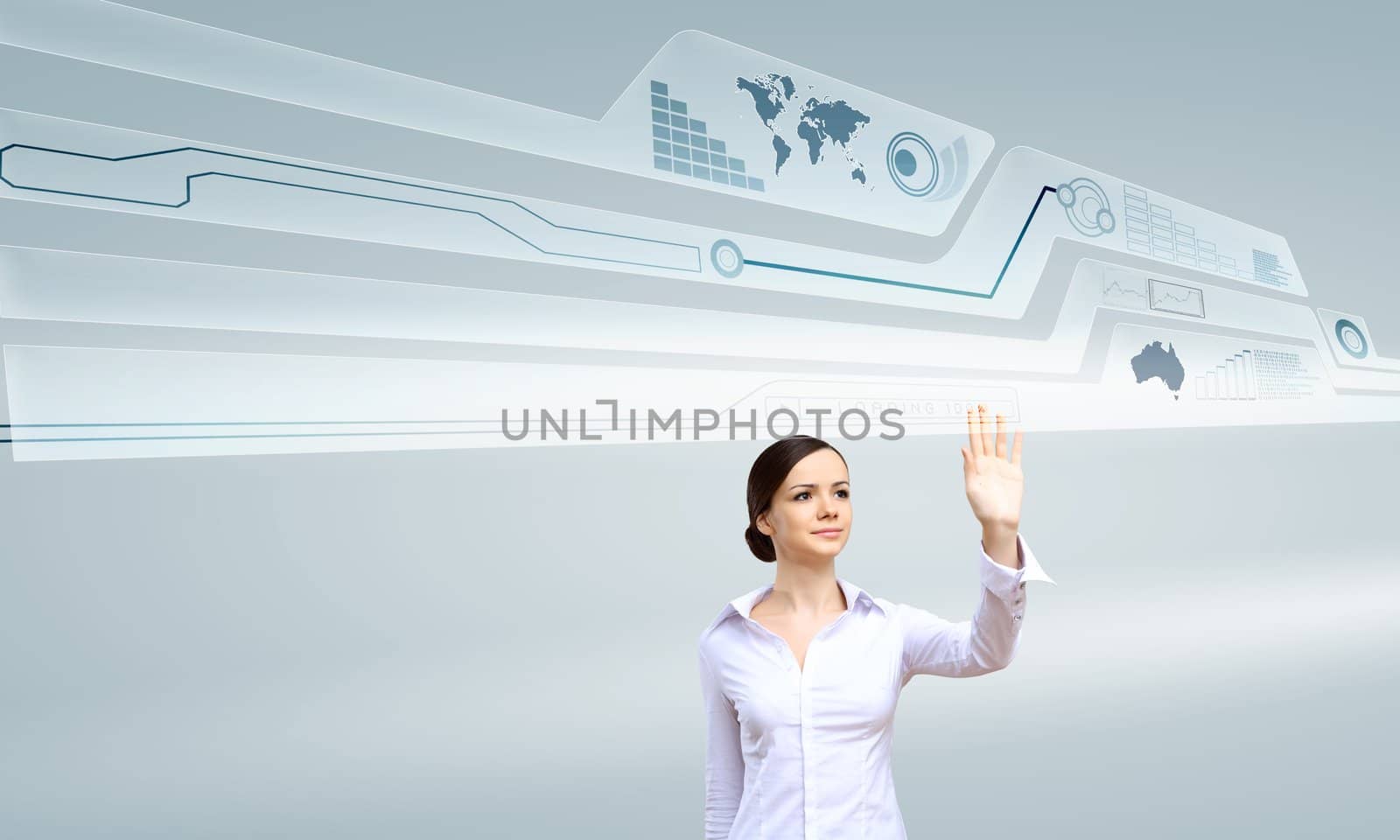 Young woman in business wear working with digital touch screen