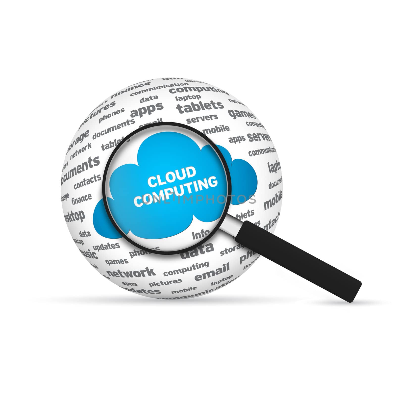 Cloud Computing 3d Word Sphere with magnifying glass on white background.