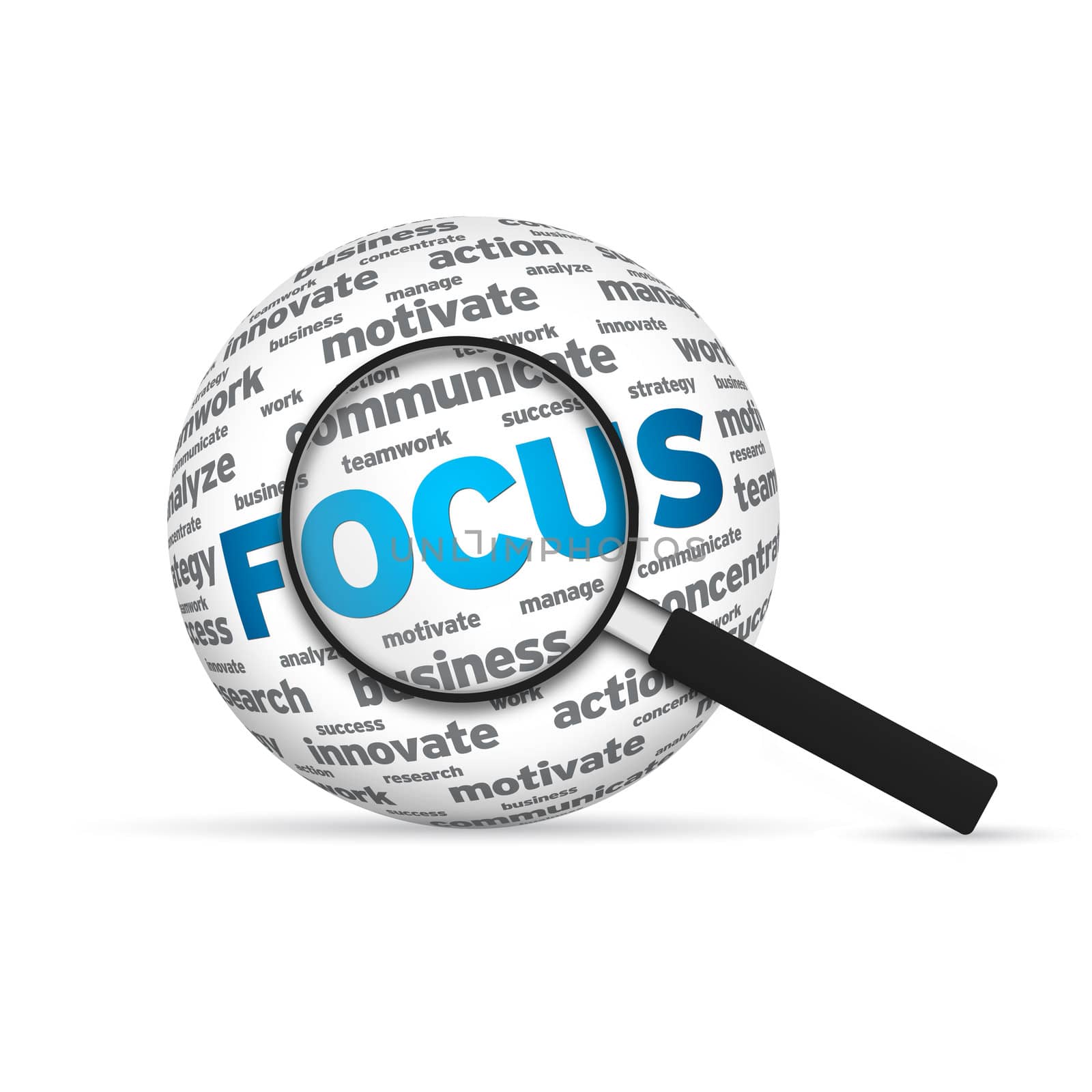 Focus 3d Word Sphere with magnifying glass on white background.