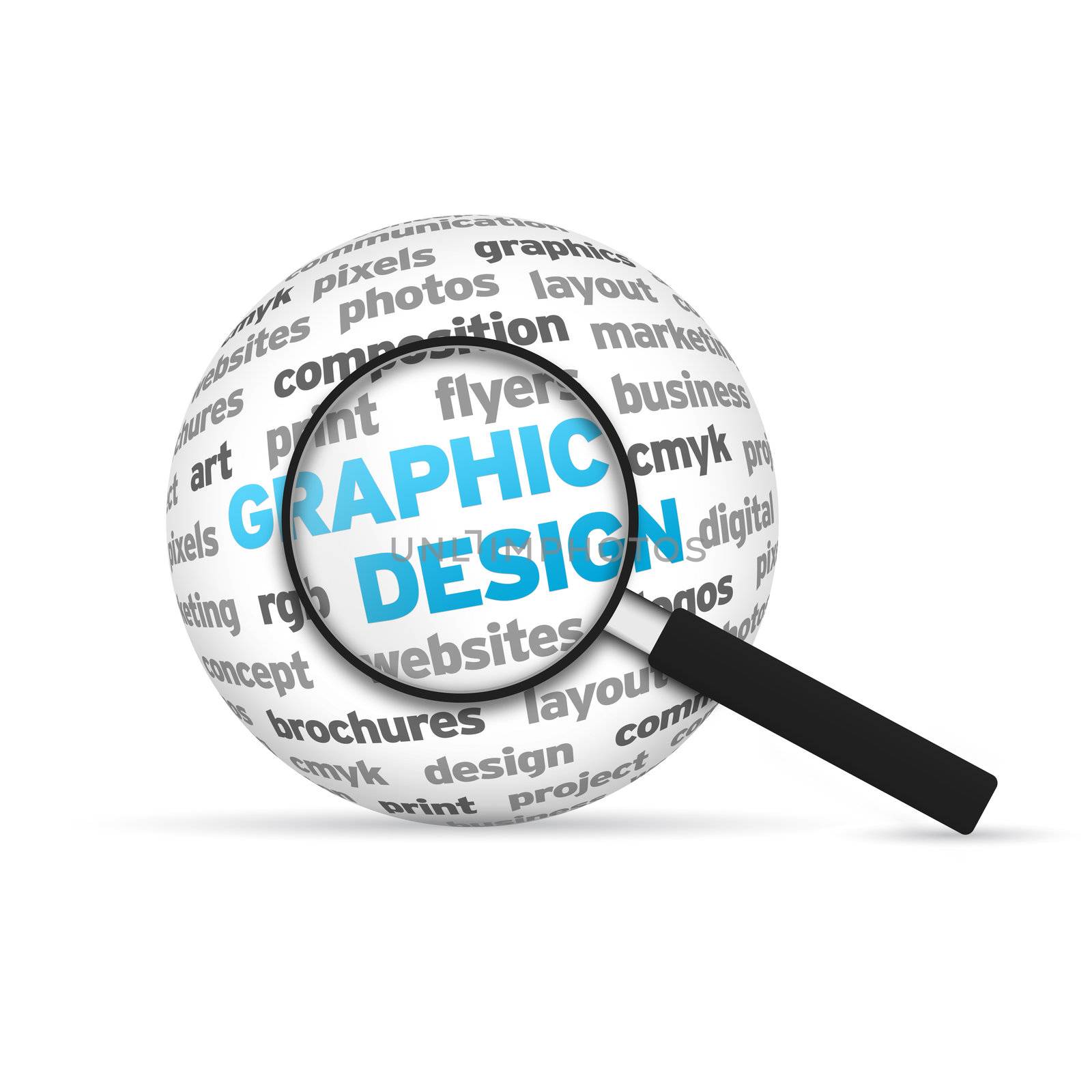 Graphic Design 3d Word Sphere with magnifying glass on white background.