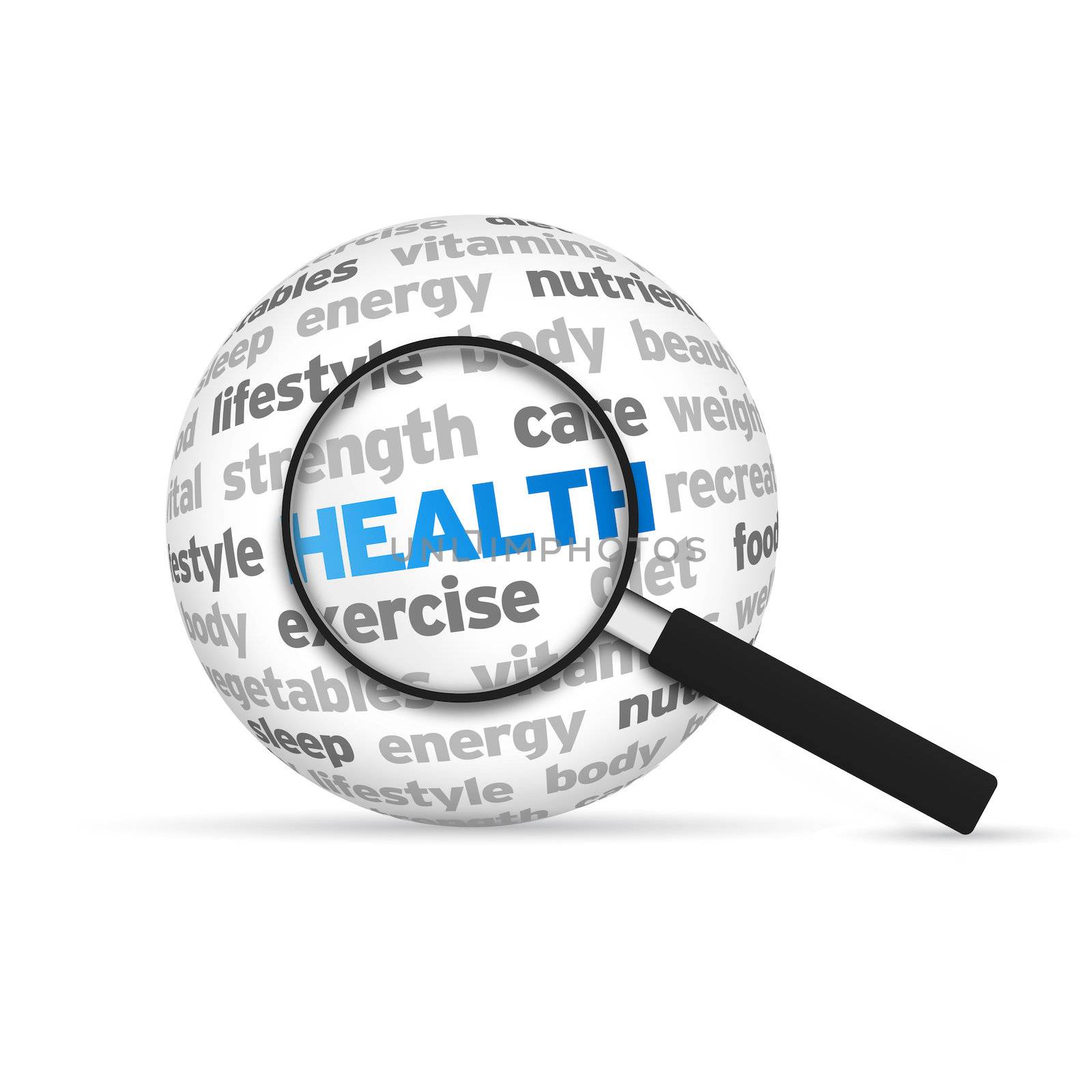 Health 3d Word Sphere with magnifying glass on white background.