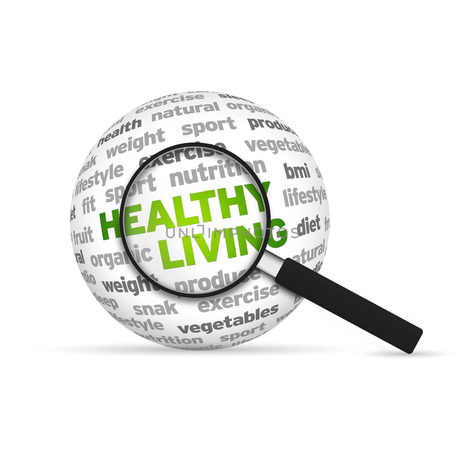 Healthy Living 3d Word Sphere with magnifying glass on white background.