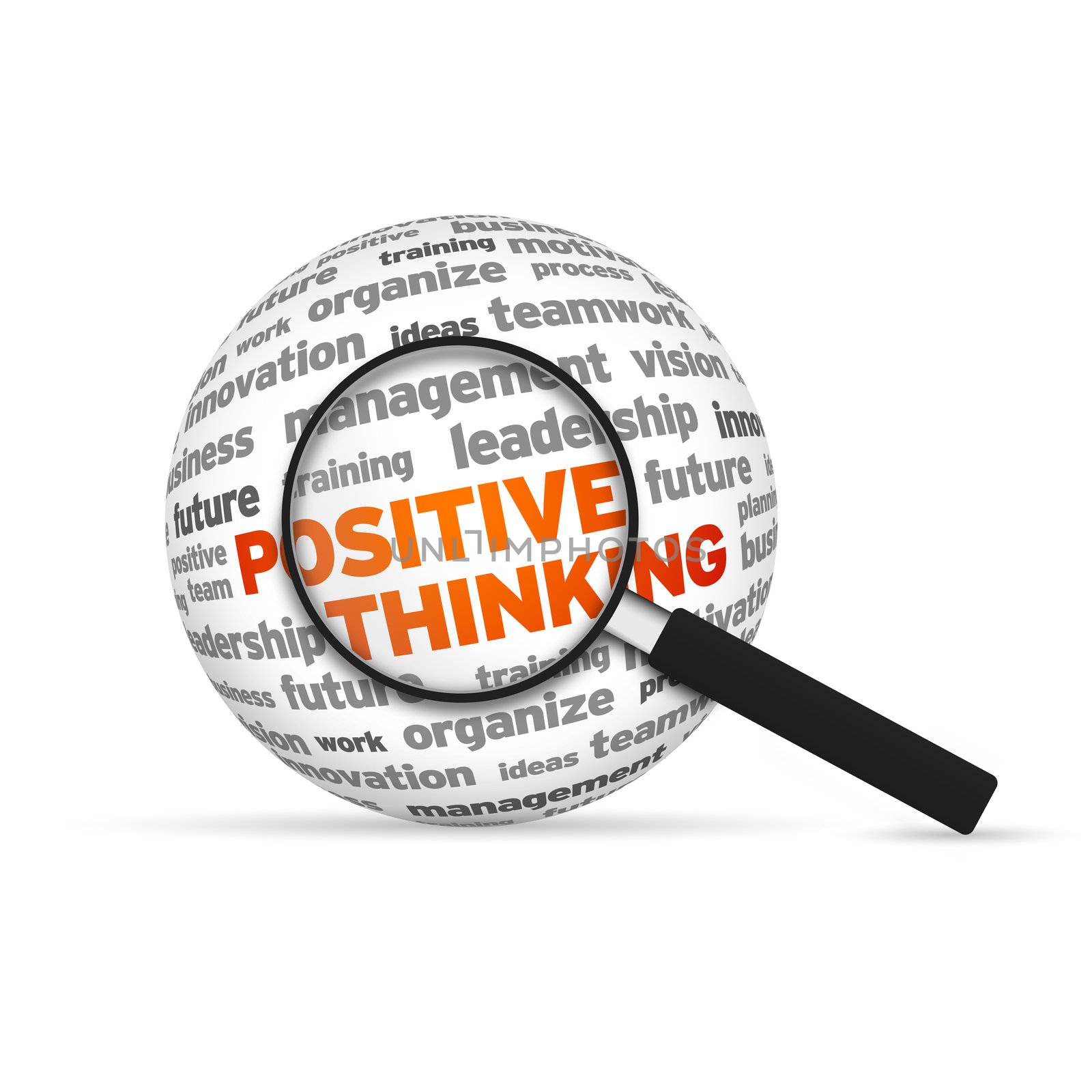 Positive Thinking 3d Word Sphere with magnifying glass on white background.