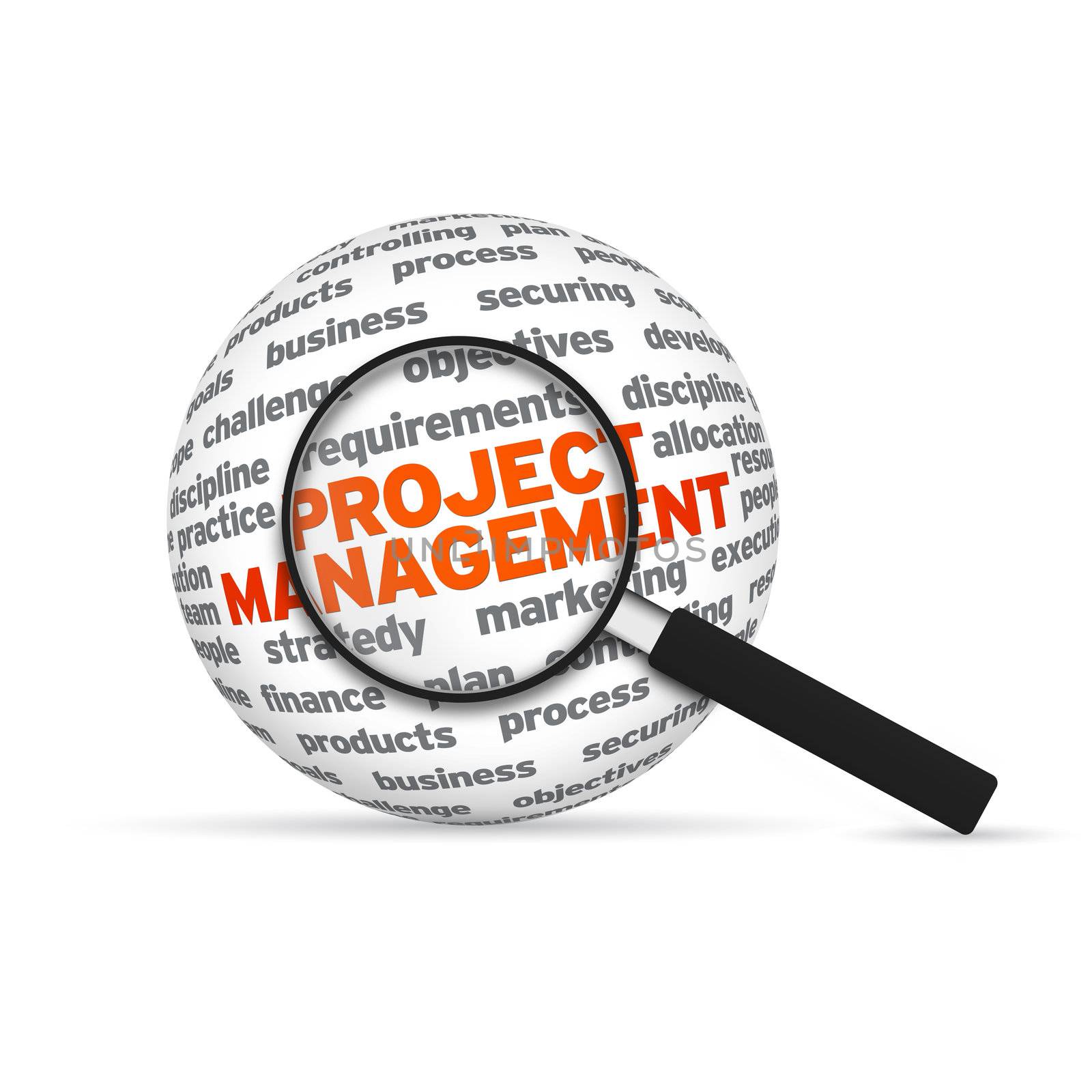Project Management 3d Word Sphere with magnifying glass on white background.