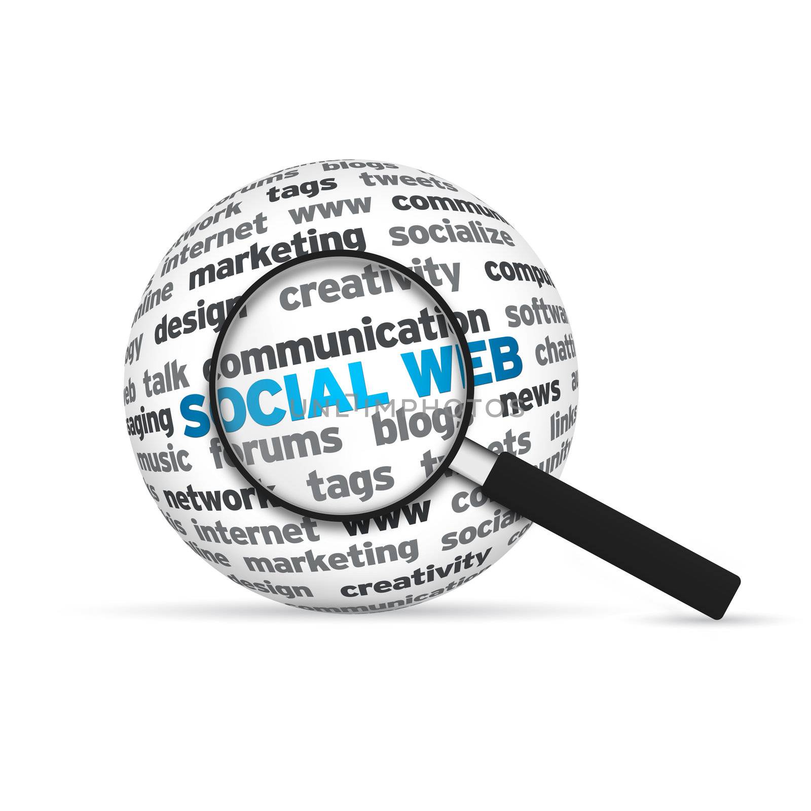 Social Web 3d Word Sphere with magnifying glass on white background.