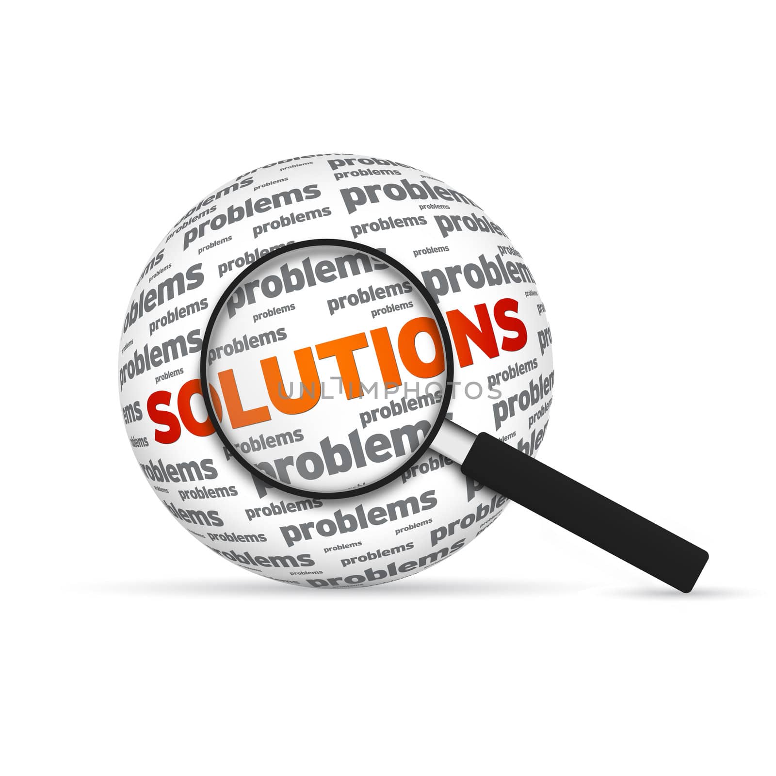 Solutions 3d Word Sphere with magnifying glass on white background.