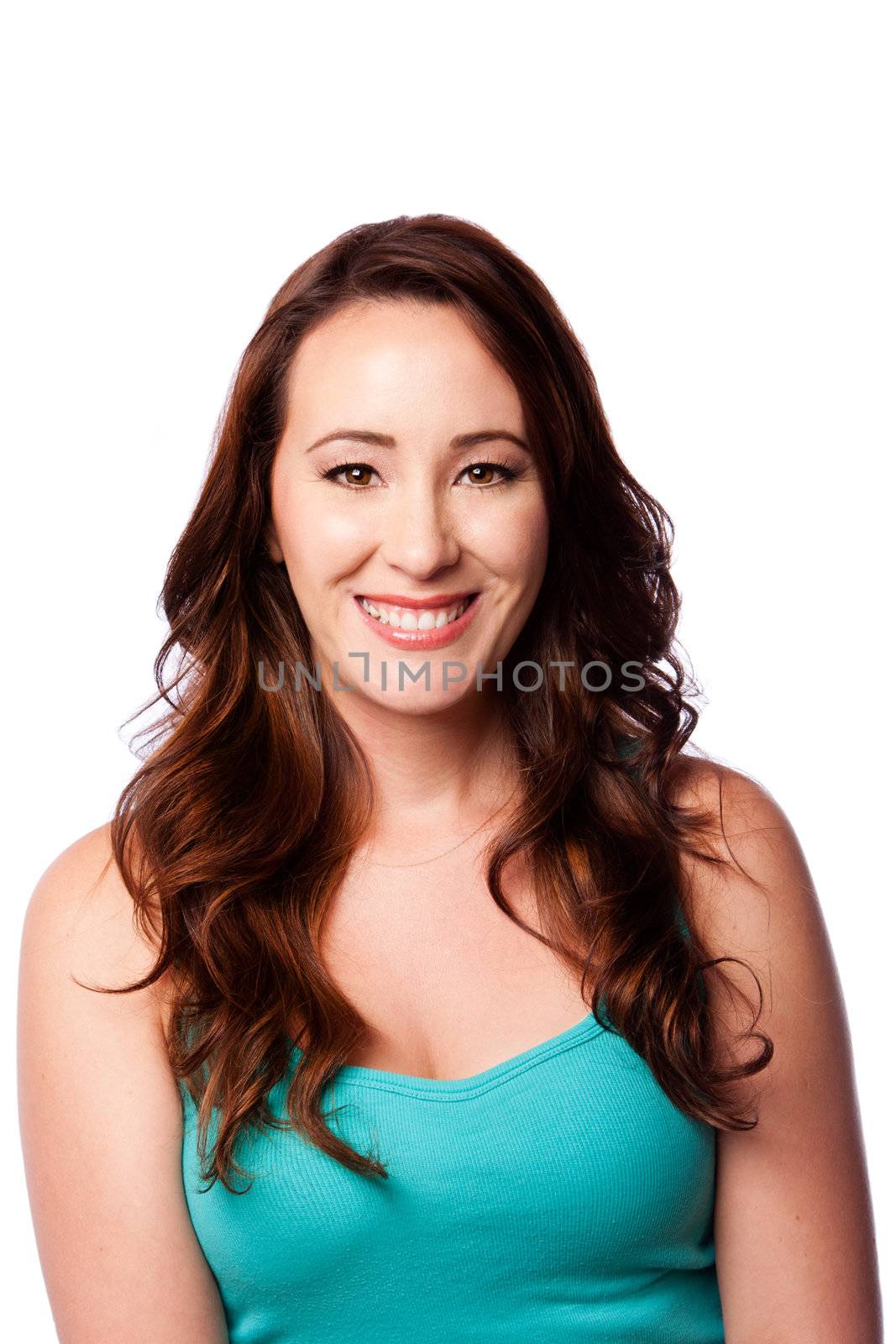 Beautiful attractive happy smiling young woman with long wavy hair and pimple acne free skin, isolated.