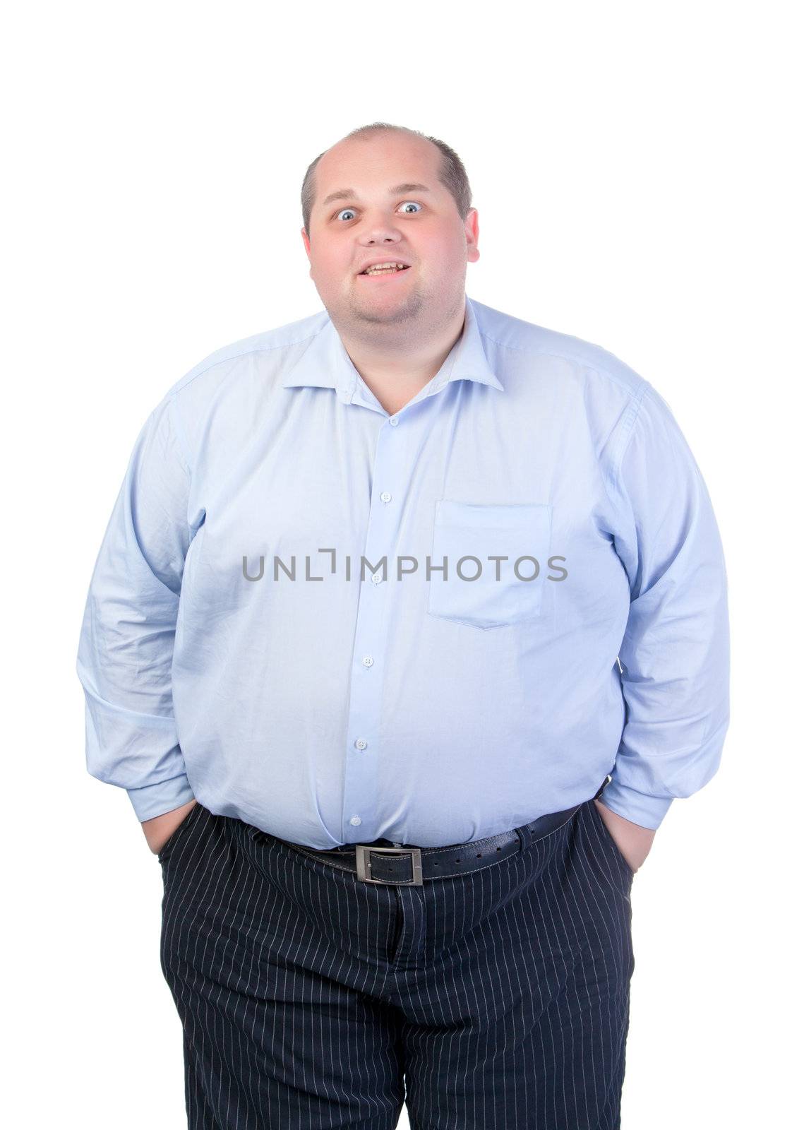 Fat Man in a Blue Shirt, Contorts Antics by Discovod
