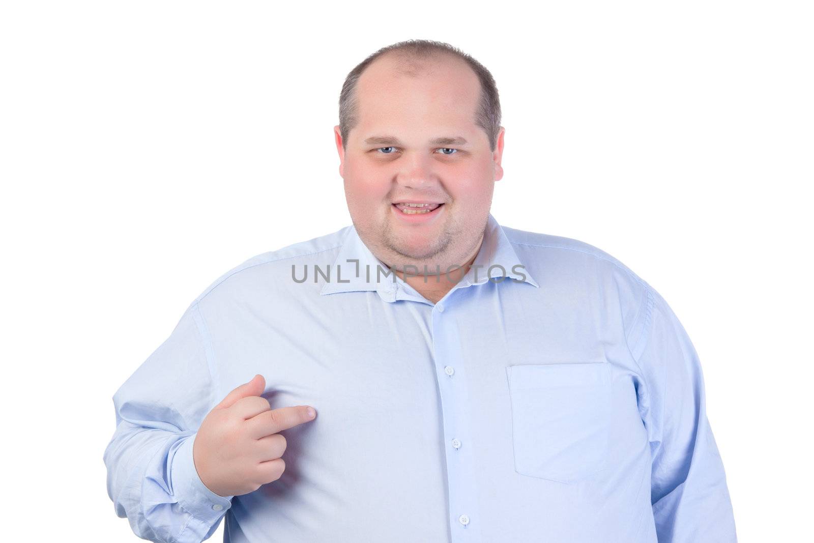 Fat Man in a Blue Shirt, Showing Obscene Gestures, isolated