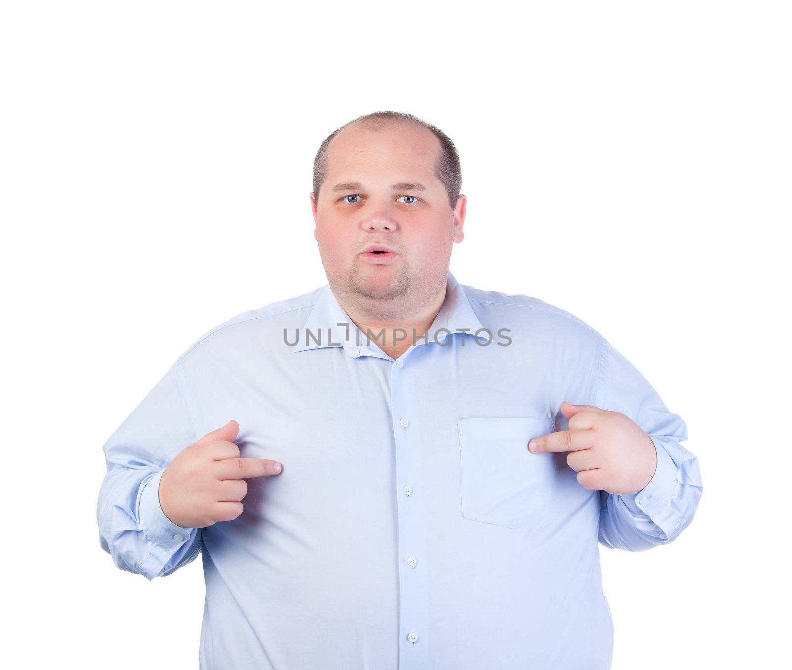 Fat Man in a Blue Shirt, Showing Obscene Gestures, isolated