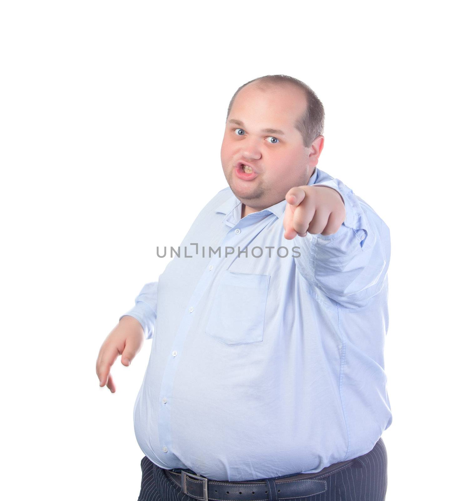 Fat Man in a Blue Shirt, Points Finger, isolated
