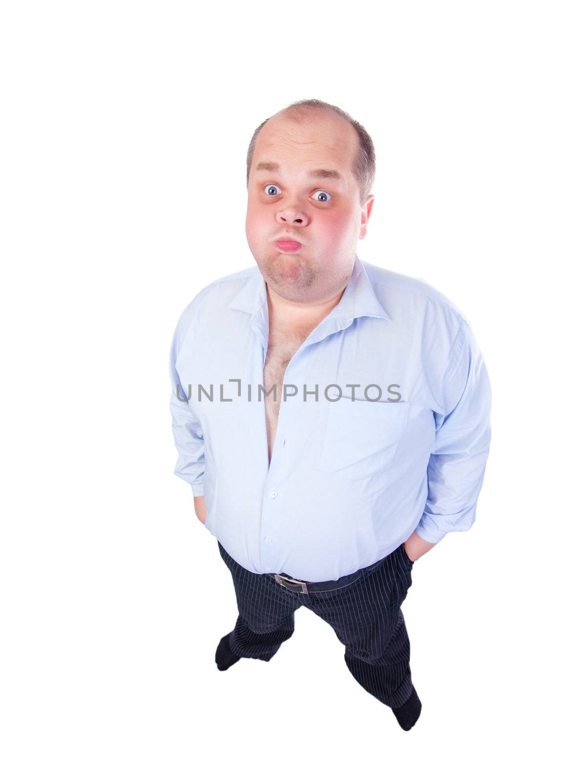 Fat Man in a Blue Shirt, Contorts Antics, wide-angle top view, isolated
