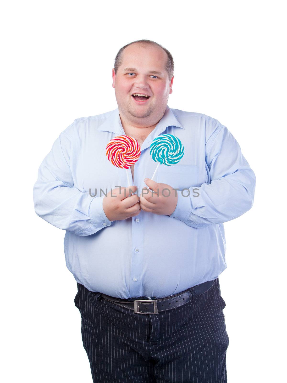 Fat Man in a Blue Shirt, Eating a Lollipop, isolated