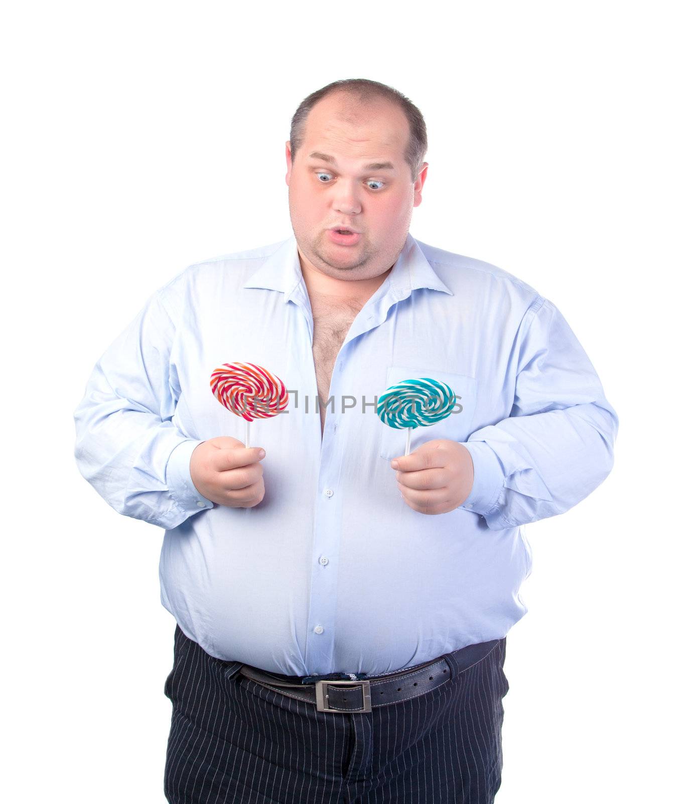Fat Man in a Blue Shirt, with Lollipop, isolated