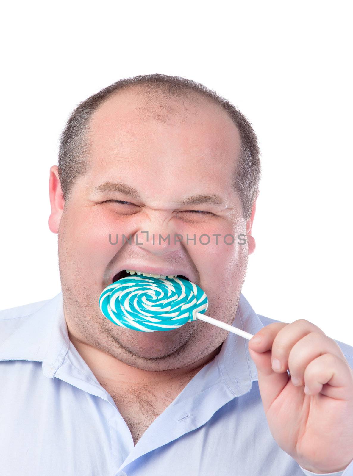 Fat Man in a Blue Shirt, Eating a Lollipop by Discovod